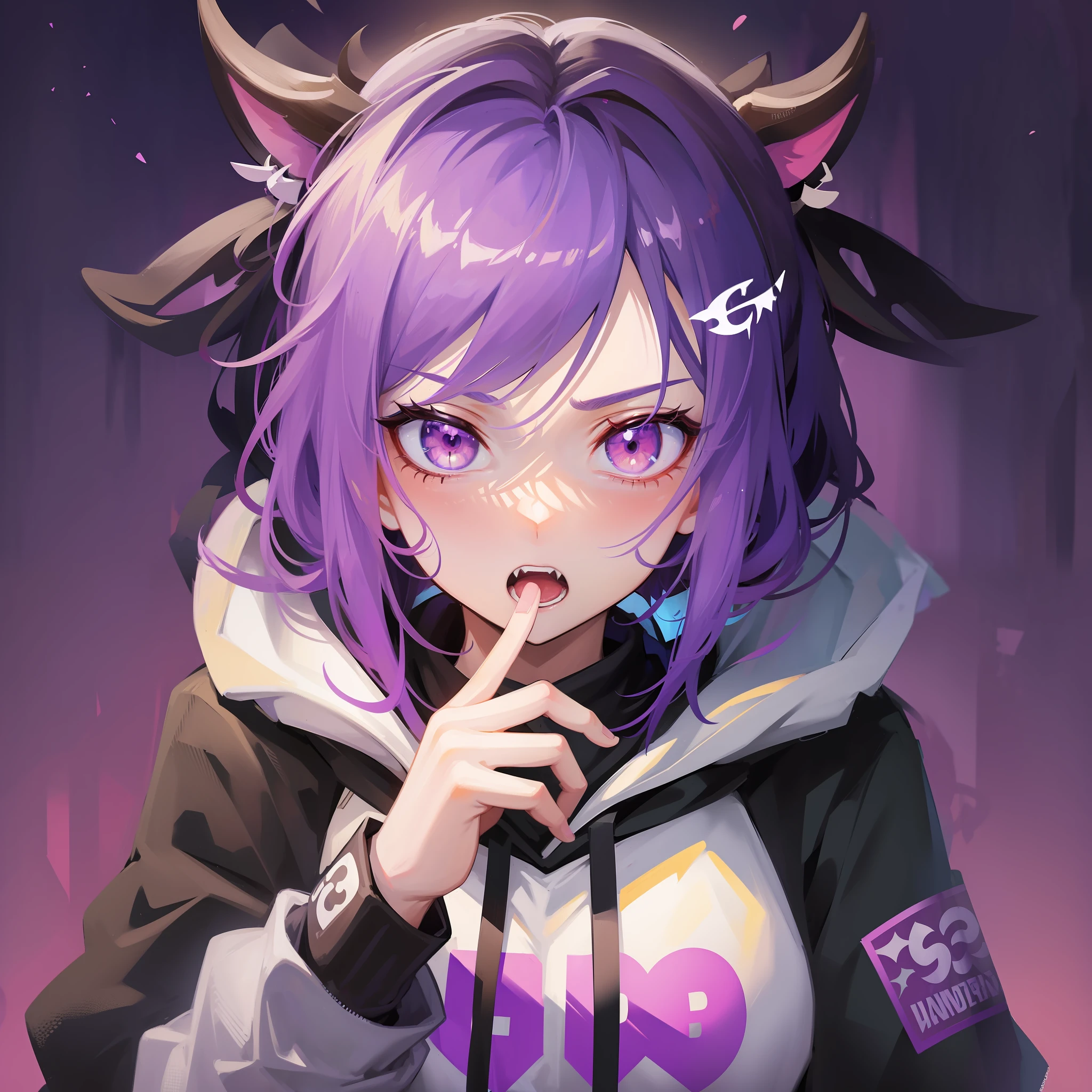Horned boy in hoodie, index finger to mouth, facing camera, upper body, cow sticker, key anime art, Danganronpa digital art, anime art wallpaper 8K, anime style 4K, badass anime 8K