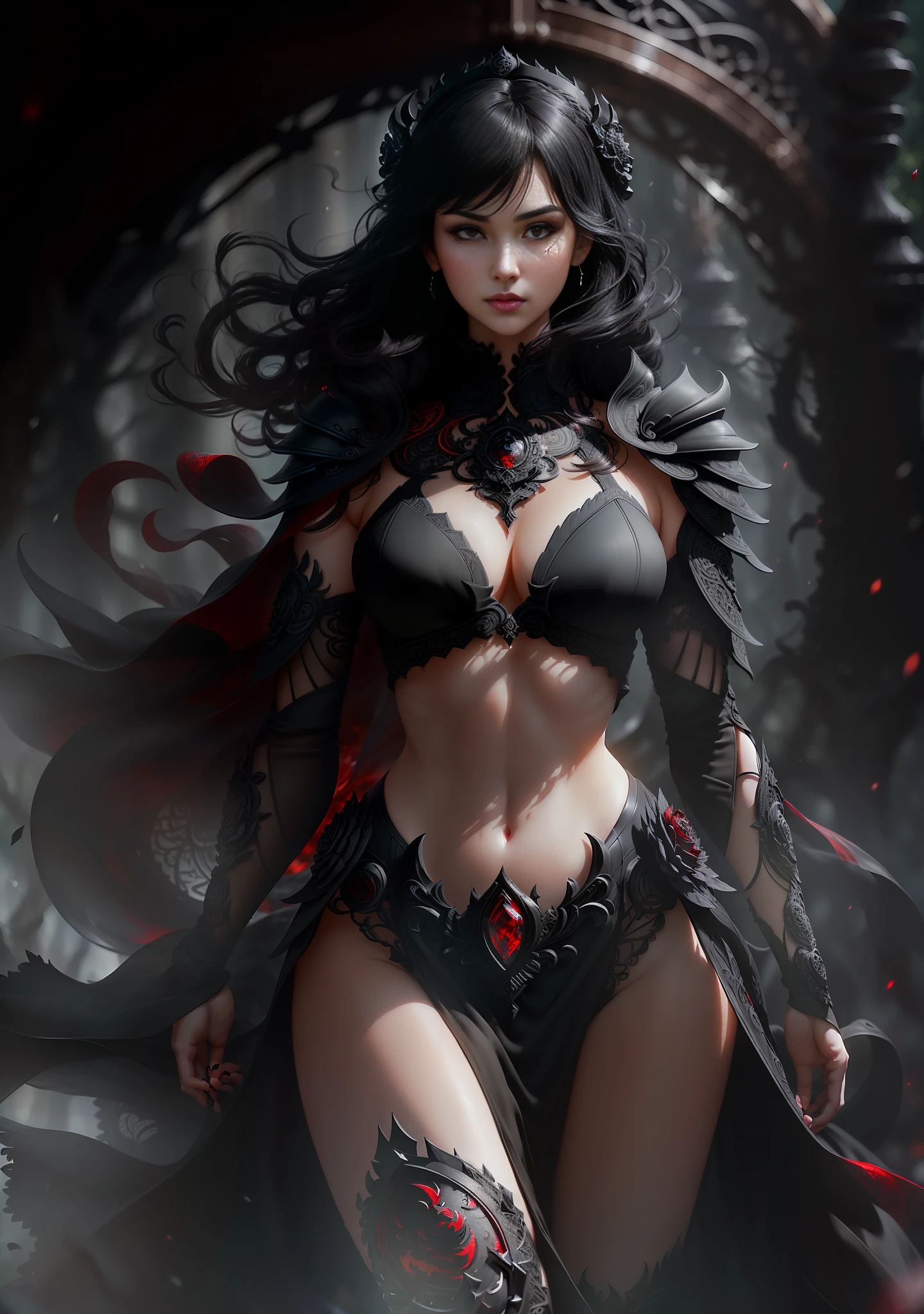 Style, ((intricate details)), full torso, cold light, beautiful legs, standing (pale evil gothic princess), (black hair), (intricate), ((bony light onyx dress)), (irregular obsidian complex crown), smooth thighs, perfect female body, dynamic pose, windblown hair, perfect face, (realistic eyes), round iris, (((red eyes))), perfect, intricate, intricate eye, Helios 44-2, bokeh whirlpool, trend in artstation,  Sharp focus, studio photo, intricate detail, very detailed, sharp, DND portrait, (cloth surface oil painting), perfect lighting, masterpiece, detailed background, portraits of Artgerm and Greg Rutkowski, film lighting, 8K