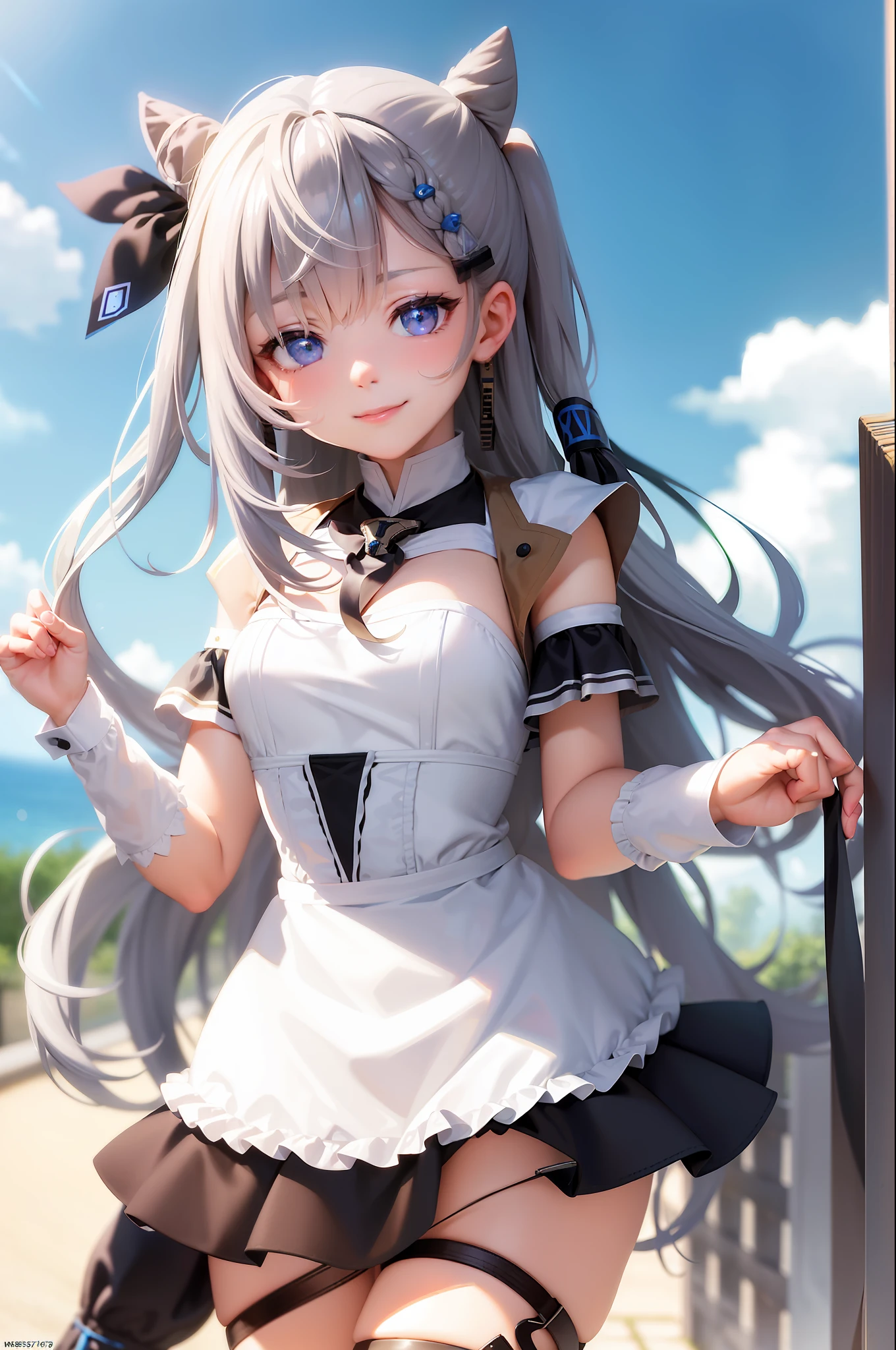 (masterpiece, best quality:1.2), cowboy shot, solo, 1girl, vestia zeta, virtual youtuber, smile, looking at viewer, hair ribbon, hair ornament, maid dress, single thighhigh, thigh strap, maid,