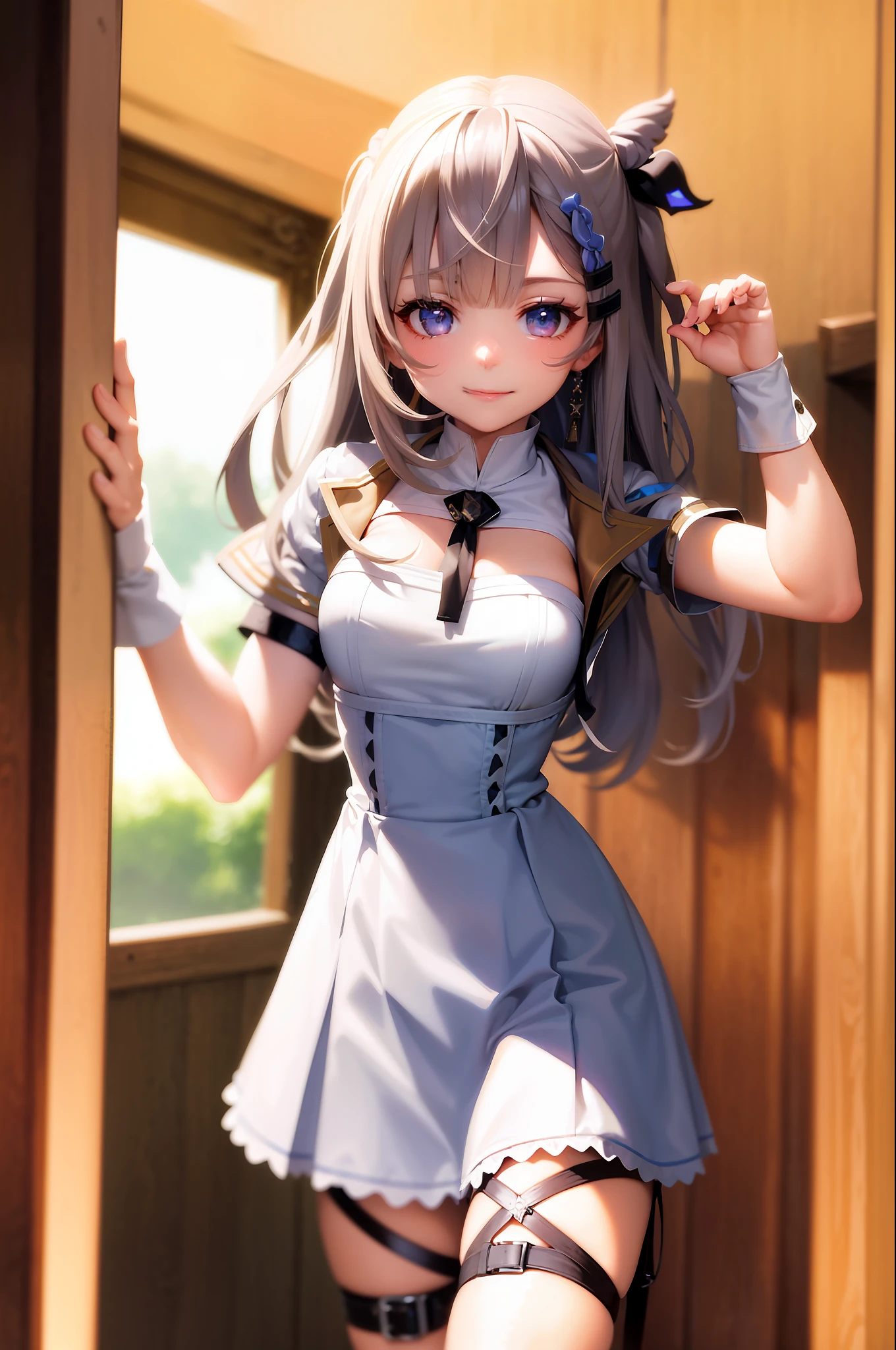(masterpiece, best quality:1.2), cowboy shot, solo, 1girl, vestia zeta, virtual youtuber, smile, looking at viewer, hair ribbon, hair ornament, maid dress, single thighhigh, thigh strap, maid,