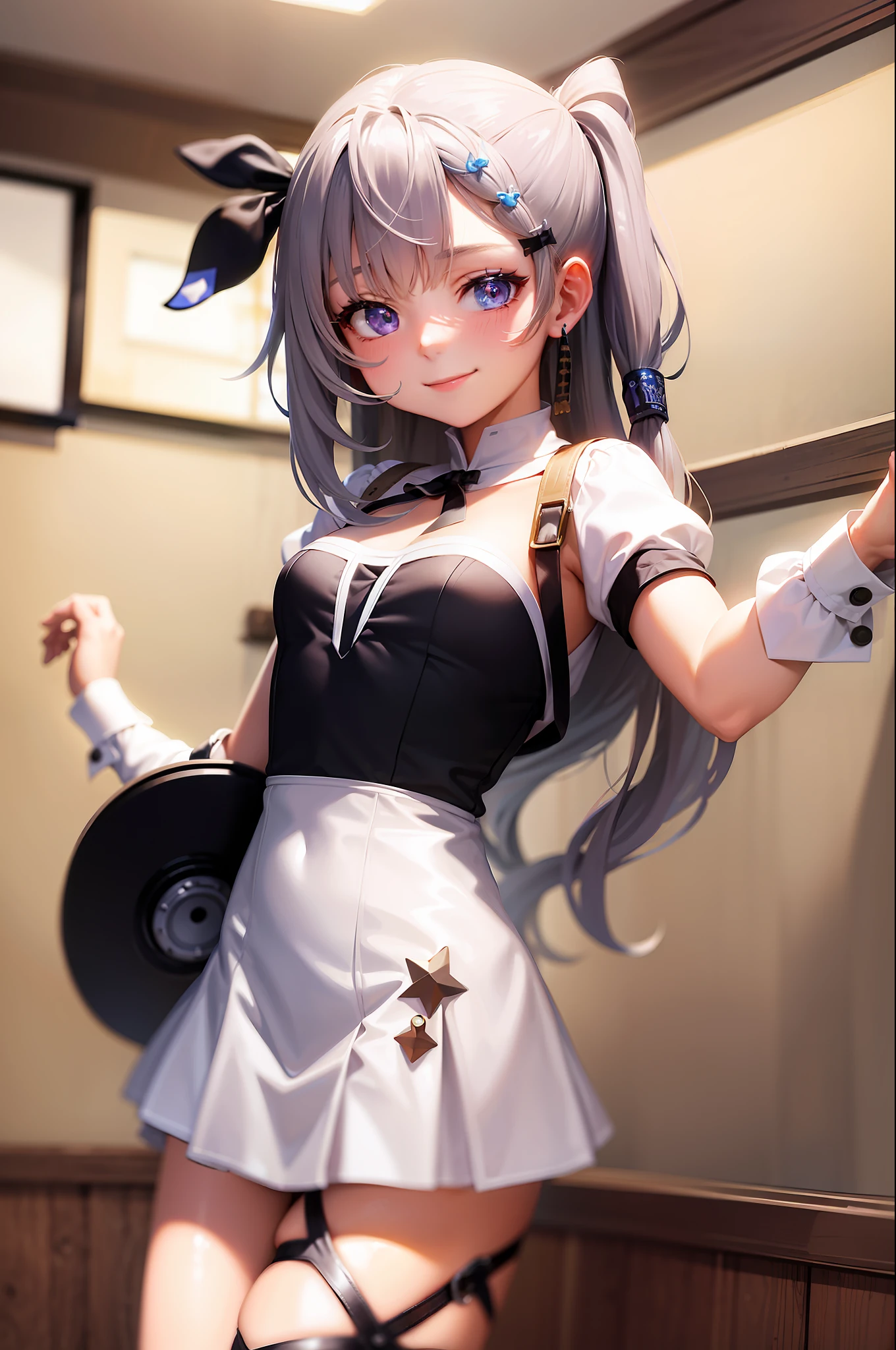 (masterpiece, best quality:1.2), cowboy shot, solo, 1girl, vestia zeta, virtual youtuber, smile, looking at viewer, hair ribbon, hair ornament, maid dress, single thighhigh, thigh strap, maid,