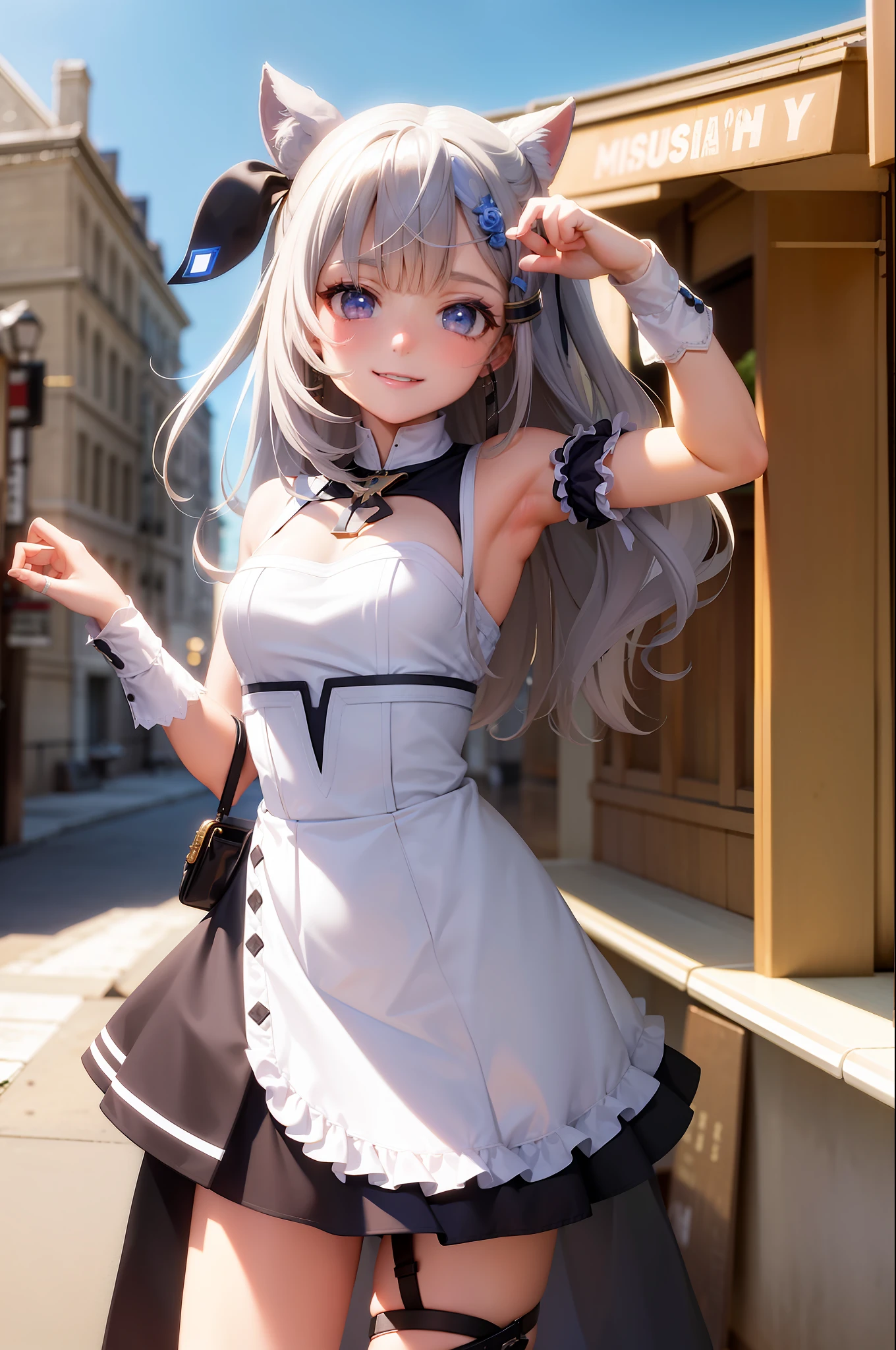 (masterpiece, best quality:1.2), cowboy shot, solo, 1girl, vestia zeta, virtual youtuber, smile, looking at viewer, hair ribbon, hair ornament, maid dress, single thighhigh, thigh strap, maid,
