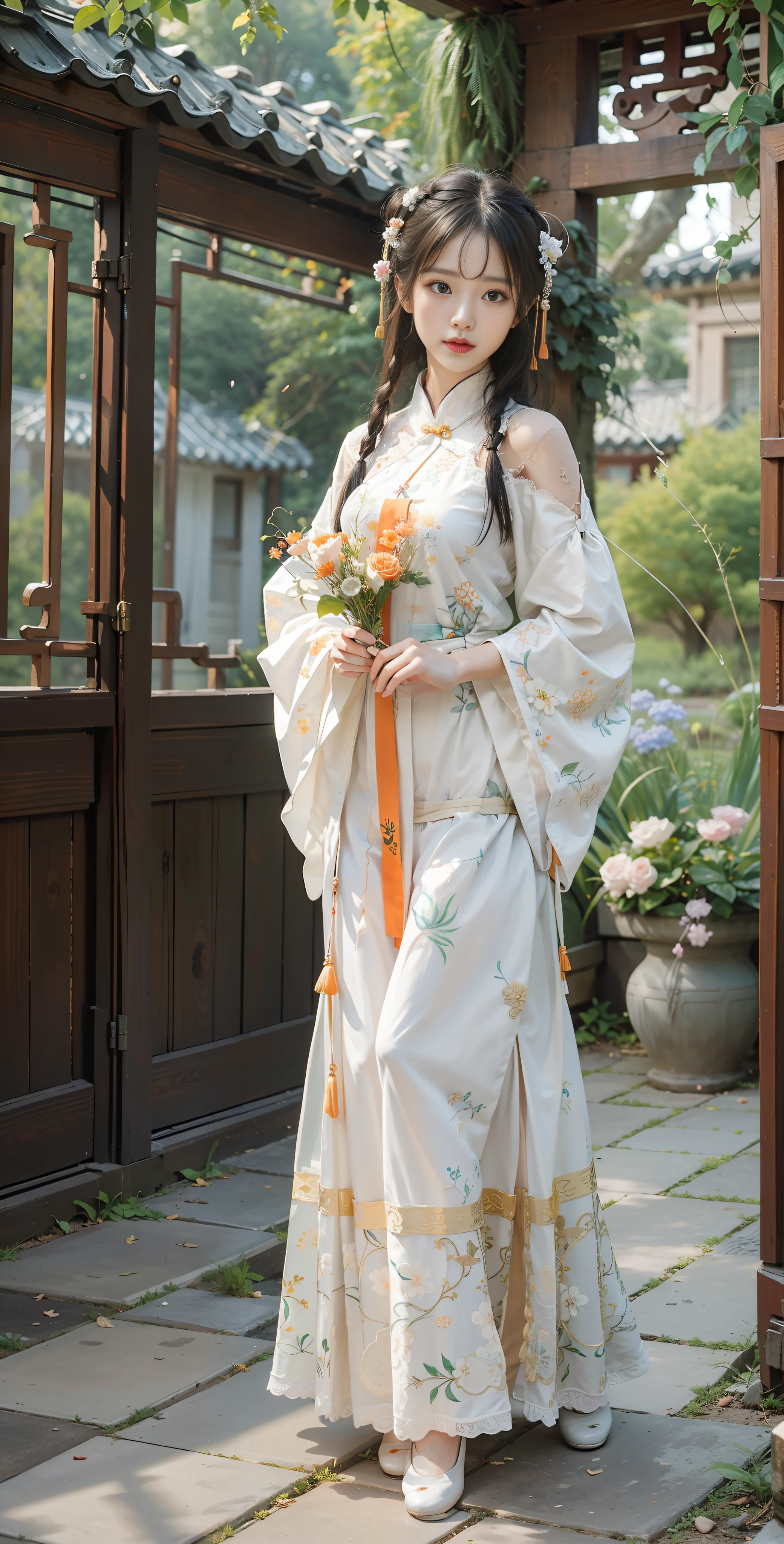 ulzzang-6500-v1.1, (raw photo:1.2), (photorealistic:1.4), beautiful and detailed girl, very detailed eyes and face, beautiful detailed eyes, absurd, incredibly ridiculous, huge file size, super detailed, high resolution, very detailed, best quality, masterpiece, kemomimi, ((Chinese woman wears Hanfu, silk, lace)), wears Chinese Hanfu, ((orange stockings)) lively pose, facing the viewer, medium breasts, best quality, inlaid with a wooden grid of this translucent painting. Outside the window are Chinese Garden, Suzhou Garden, Rockery, Slate Floor Corridor, Pool, Maple Tree, (Tile Roof: 1.3), Gazebo, (Stone Eaves: 1.4), Stone Fence, (White Wall), Spring View, Lush Trees, Plants, Viewer's View, CG, Unity, 8k Wallpaper, Amazing, Fine Details, Masterpiece, Best Quality, Very Detailed CG Uniform 8k Wallpaper, Light on Face, Movie Lighting, 1girl, Full Body, Sexy, Bare Shoulder