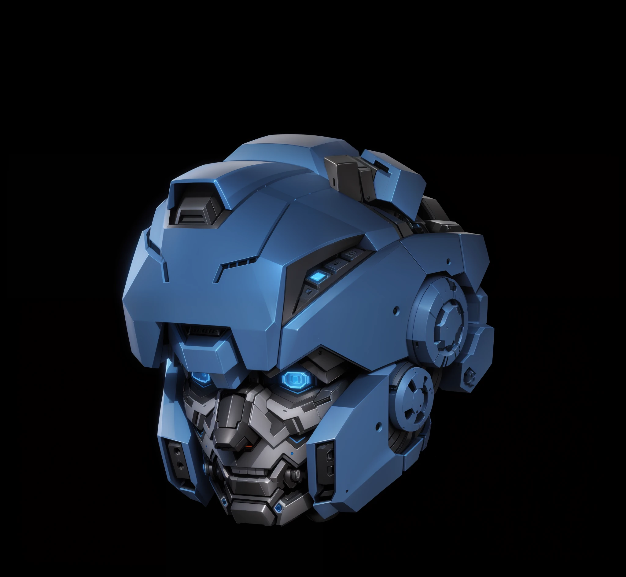 robot head, epic robot head, blue livery, machine structure, complex, real, humanoid mecha, roland ziervinskis 3d rendering art, polycount competition winner, humanoid mecha, 3d rendering stylized, black background, beautiful robot character design, mecha portrait, mecha, transformer style, realism,