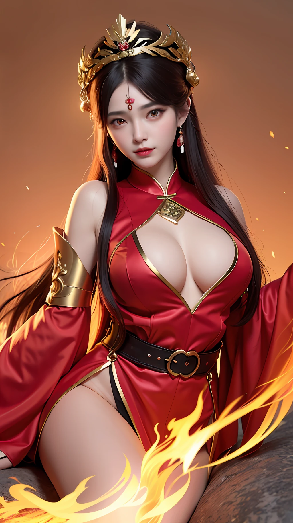 1 beautiful goddess, In the Dark: 1.6), surreal female portrait by David Hockney and Alphonse Mucha, fantasy art, korea doll, photorealism, dynamic lighting, artstation, poster, volumetric lighting, very detailed faces, 8k ultra, all body, Awarded, in the dark, deep shadow, low key, cowboy lens, (Red phoenix dress: 1.4), long hair, black hair, bust, luxurious palace, Royal style, goddess crown, Big round black eyes, style Royal, The most beautiful face, big and regular breasts, Super realistic, chinese women's clothing, polo neck sweater, Charming smile, The eyes are very well made up, guweiz, hanfu, Ancient style, loong, forehead mark, upper body, 2 bangs braided hair, Red lips,