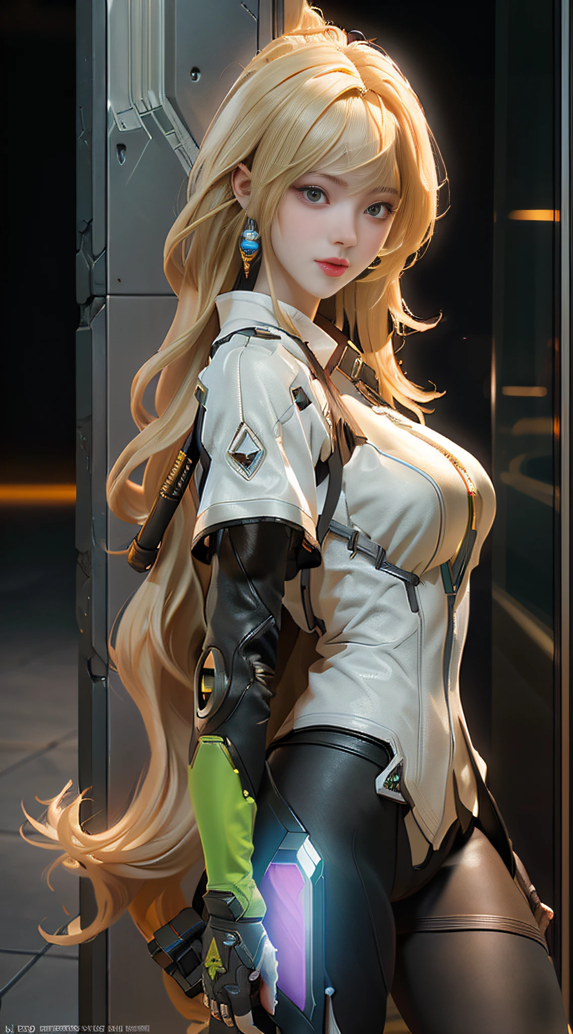 ((Best Quality)), ((Masterpiece)), (Detail: 1.4), 3D, A Beautiful Cyberpunk Female Figure, Long Blonde Hair, HDR (High Dynamic Range), Ray Tracing, NVIDIA RTX, Super-Resolution, Unreal 5, Subsurface Scattering, PBR Textures, Post Processing, Anisotropic Filtering, Depth of Field, Maximum Clarity and Clarity, Multi-layer Textures, Albedo and Highlight Maps, Surface Shading, Accurate simulation of light-material interactions, perfect proportions, Octane Render, two-color light, large aperture, low ISO, white balance, rule of thirds, 8K RAW,