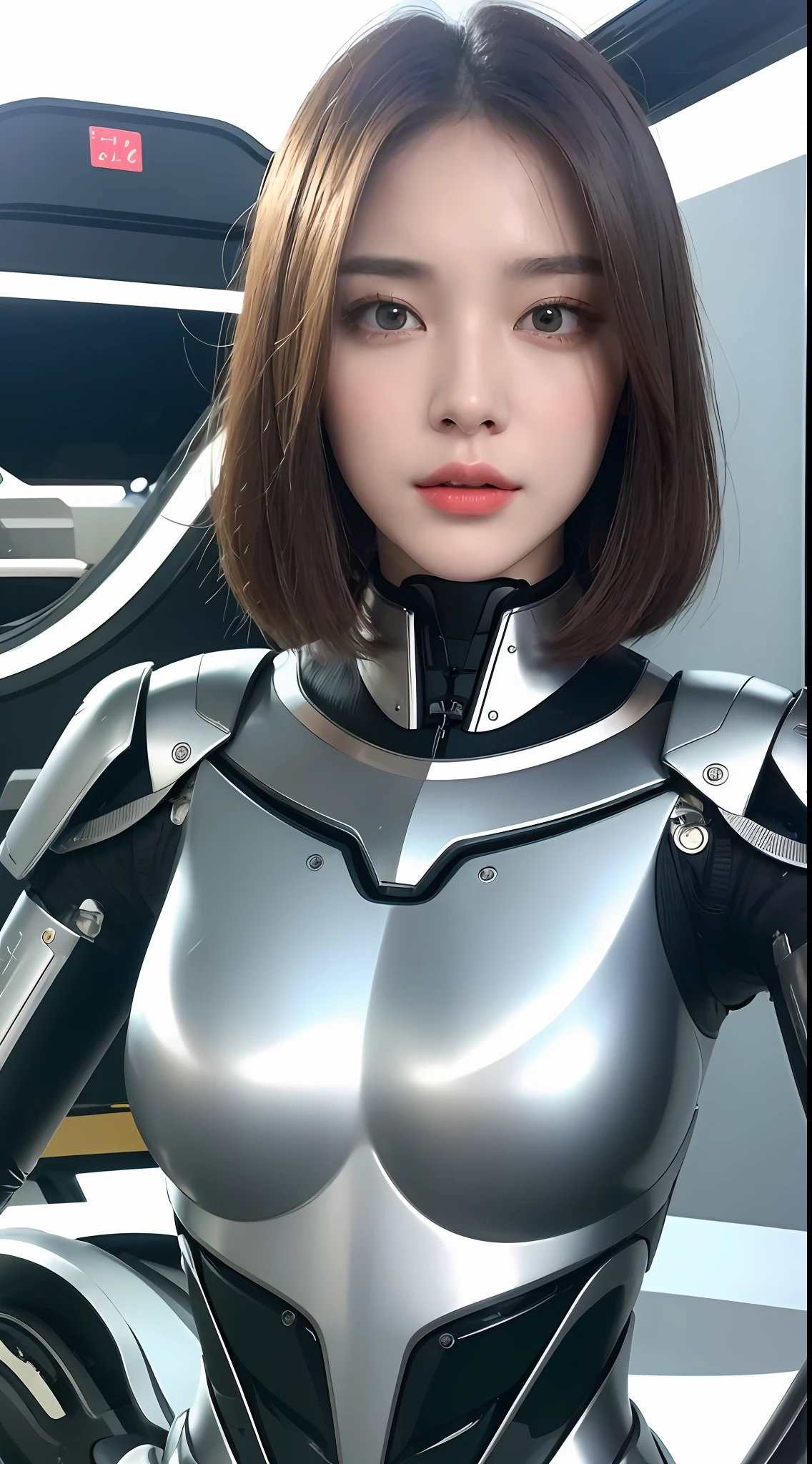 Top quality 8K ultra high definition work, masterpiece: 1.3, sharp focus: 1.2, one robot. The face is a human woman. The fuselage of the machine. 1 metal tube from shoulder to chest, (natural color, photo, 8K)