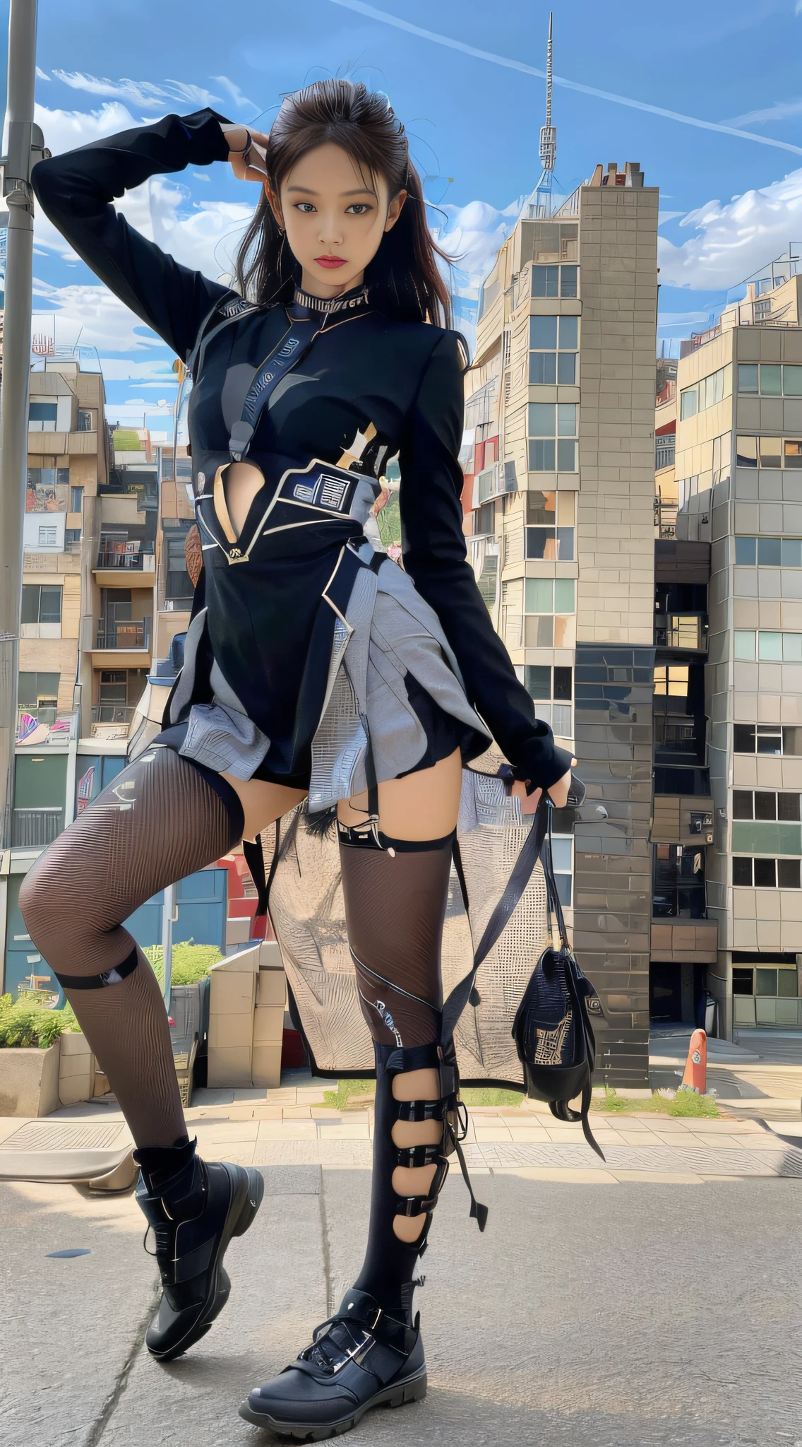 (1girl:1.3), Solo, __body-parts__, Kim Ji-ni Jennie Face, Marvel Style, Hero Characters, Ruined City, Broken, Scene of Intense War, Laser, Airplane, Full Body Shot, Mech Top, Leather, Pistol, Gray-Black Tone, 8K Resolution Image, Intricate Symmetry Details. The whole picture is invincible and heroic, mainly a complete picture of a woman standing all over her body, with smooth movements and a confident expression