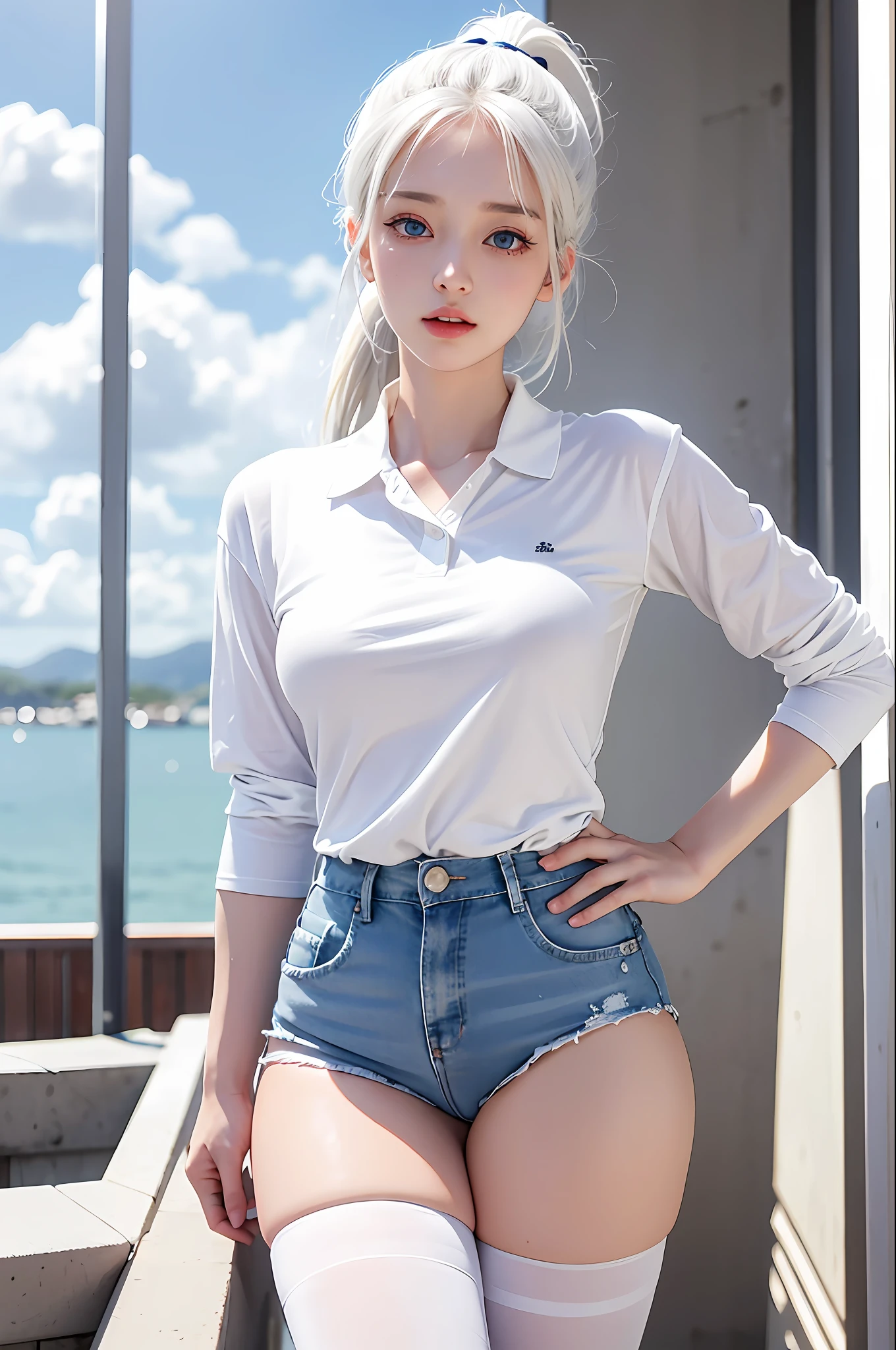 realistic, high resolution, 1 girl, ponytail white hair, korean, blue eyes, small moles under the eyes, white polo shirt, skinny denim shorts, lively, thick thighs, stockings, seaside,