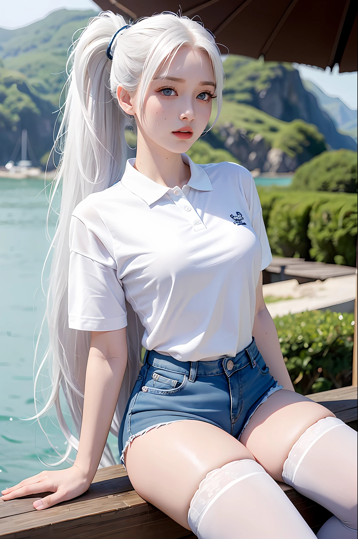 realistic, high resolution, 1 girl, ponytail white hair, korean, blue eyes, small moles under the eyes, white polo shirt, skinny denim shorts, lively, thick thighs, stockings, seaside,