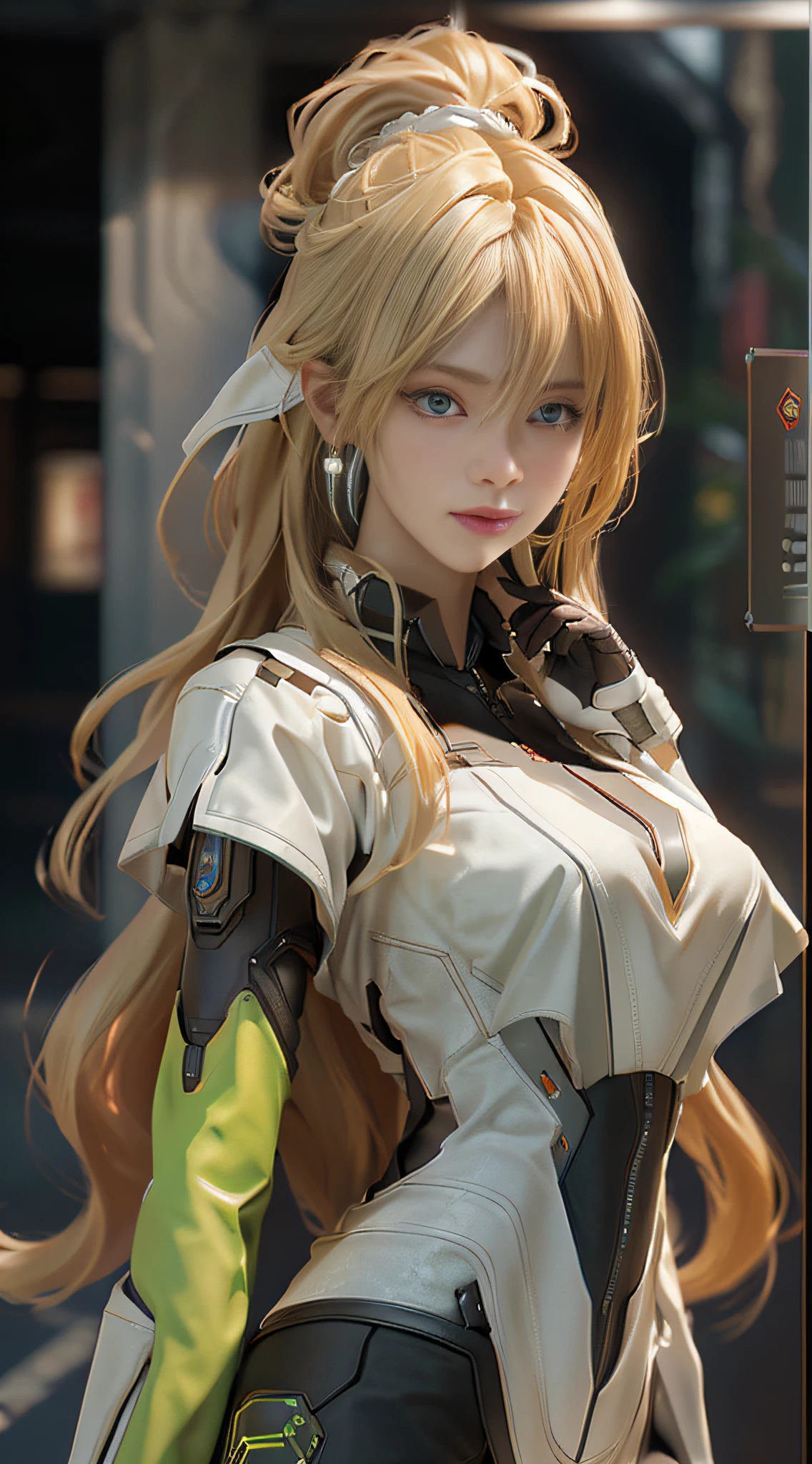 ((Best Quality)), ((Masterpiece)), (Detail: 1.4), 3D, A Beautiful Cyberpunk Female Figure, Long Blonde Hair, HDR (High Dynamic Range), Ray Tracing, NVIDIA RTX, Super-Resolution, Unreal 5, Subsurface Scattering, PBR Textures, Post Processing, Anisotropic Filtering, Depth of Field, Maximum Clarity and Clarity, Multi-layer Textures, Albedo and Highlight Maps, Surface Shading, Accurate simulation of light-material interactions, perfect proportions, Octane Render, two-color light, large aperture, low ISO, white balance, rule of thirds, 8K RAW,