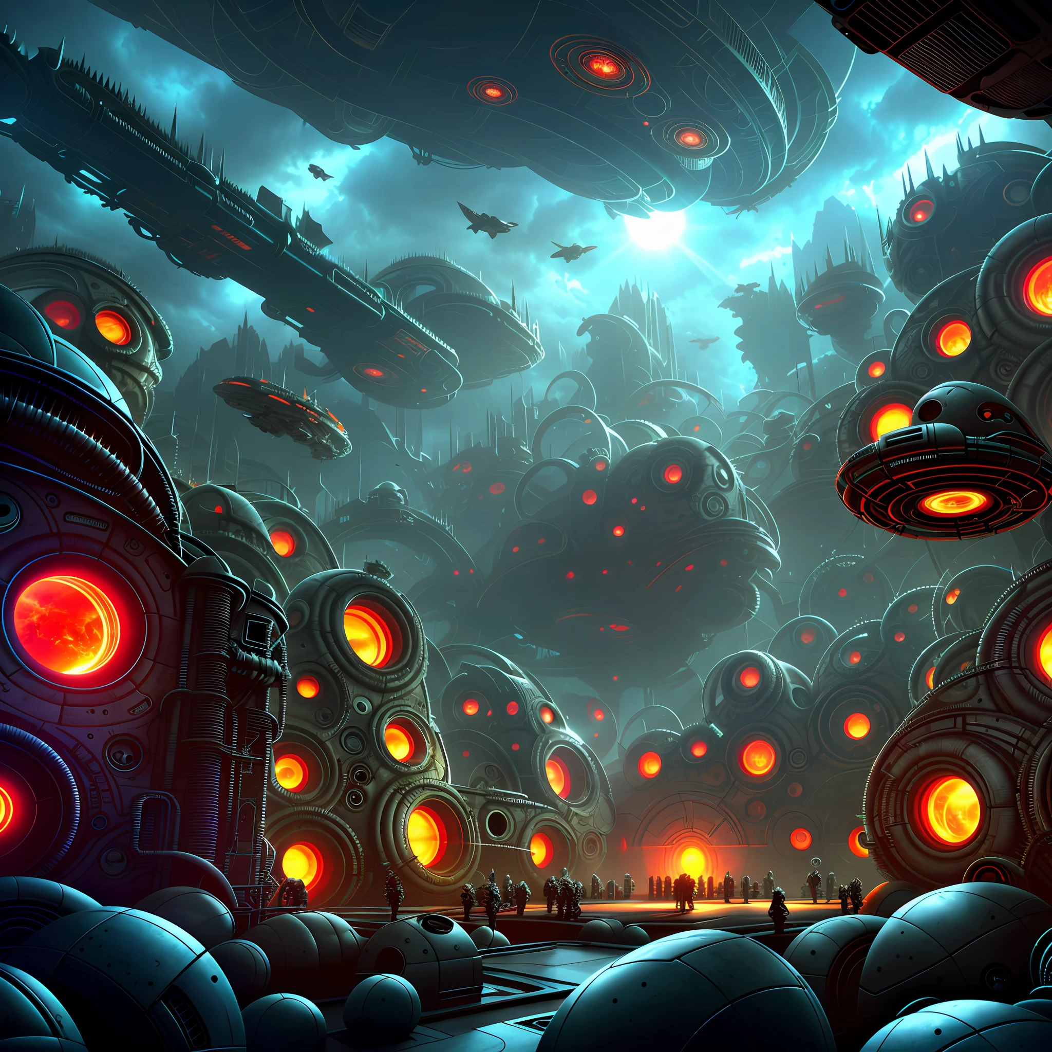 wide angle: inside of biomechanical madness landscape, futurist machines lab, highest walls with hibernation capsules, humans hibernating in the capsules, black horror machines flying, horror art, drastic cloudy sky, colour drawing, 8k resolution, UHD.