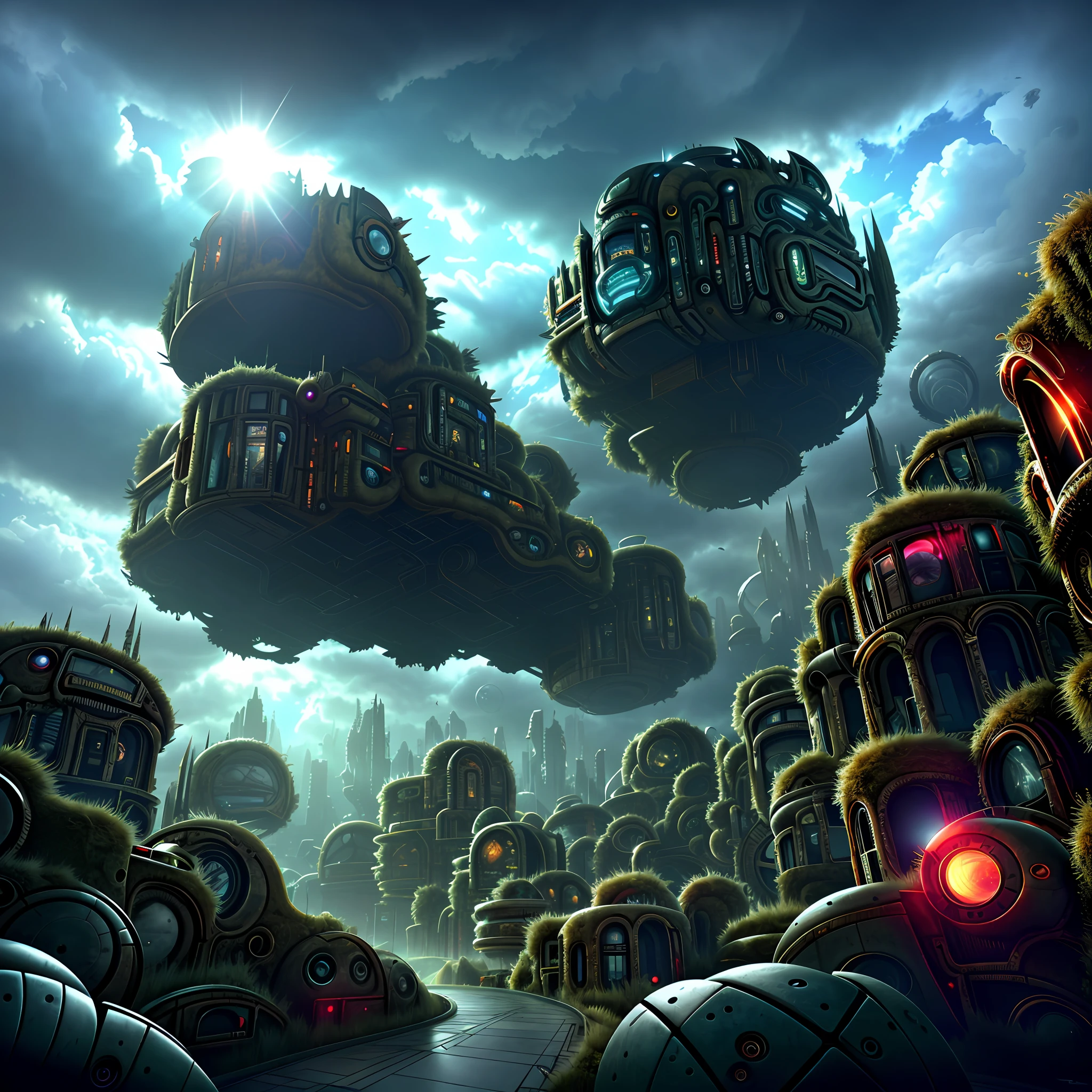 wide angle: inside of biomechanical madness landscape, futurist machines lab, highest walls with hibernation capsules, humans hibernating in the capsules, black horror machines flying, horror art, drastic cloudy sky, colour drawing, 8k resolution, UHD.