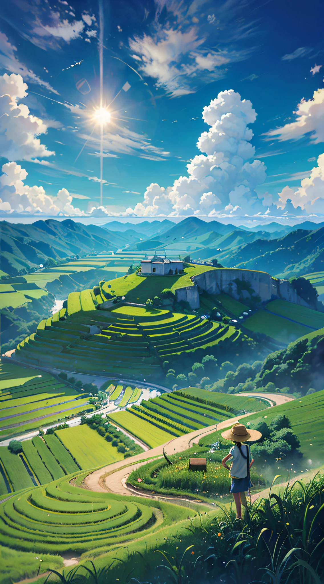 Terraced fields, a farmer uncle with a straw hat standing in a paddy field, big clouds, blue sky, rice field, neat green rice seedlings in the field, forest, hillside, secluded, rural, HD detail, hyper-detail, cinematic, surrealism, soft light, deep field focus bokeh, ray tracing and surrealism. --auto --v6 --s2