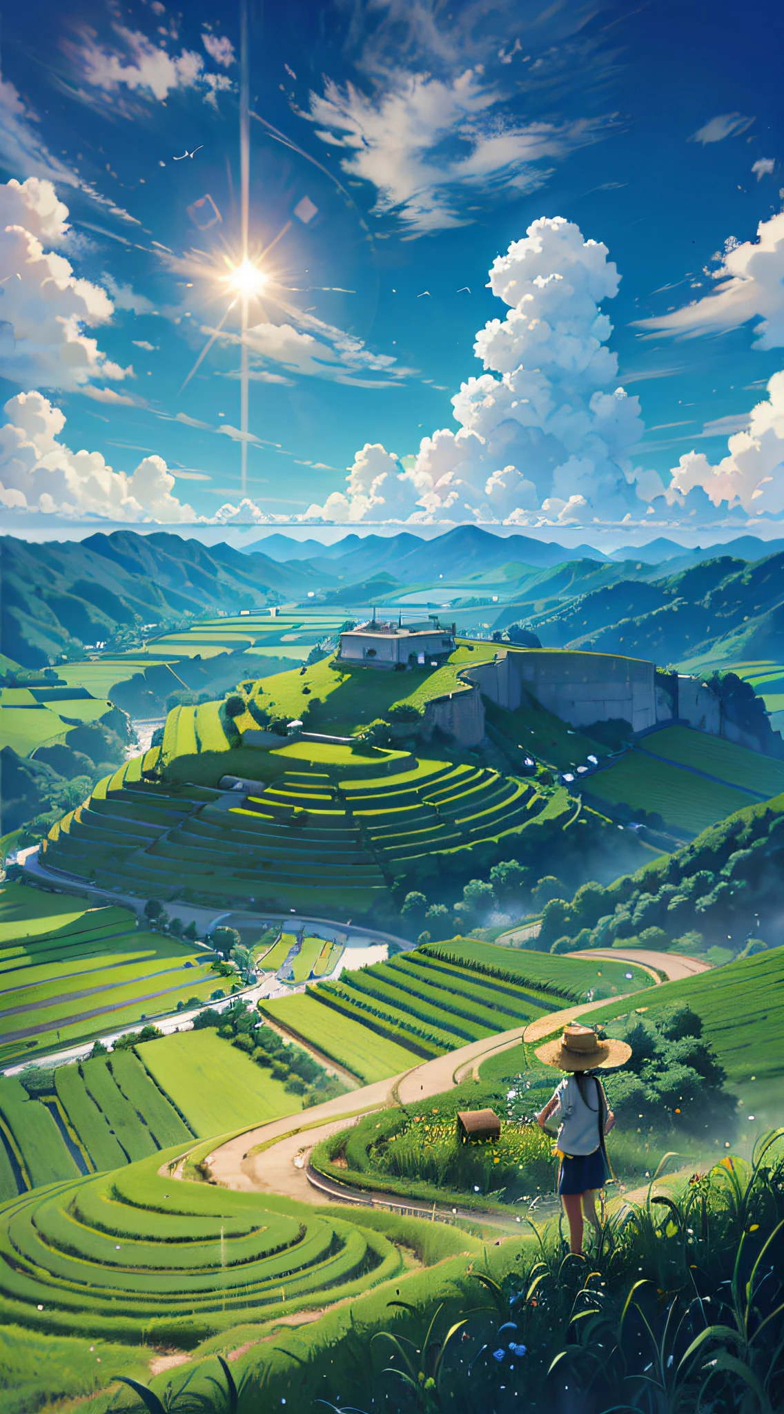 Terraced fields, a farmer uncle with a straw hat standing in a paddy field, big clouds, blue sky, rice field, neat green rice seedlings in the field, forest, hillside, secluded, rural, HD detail, hyper-detail, cinematic, surrealism, soft light, deep field focus bokeh, ray tracing and surrealism. --auto --v6 --s2