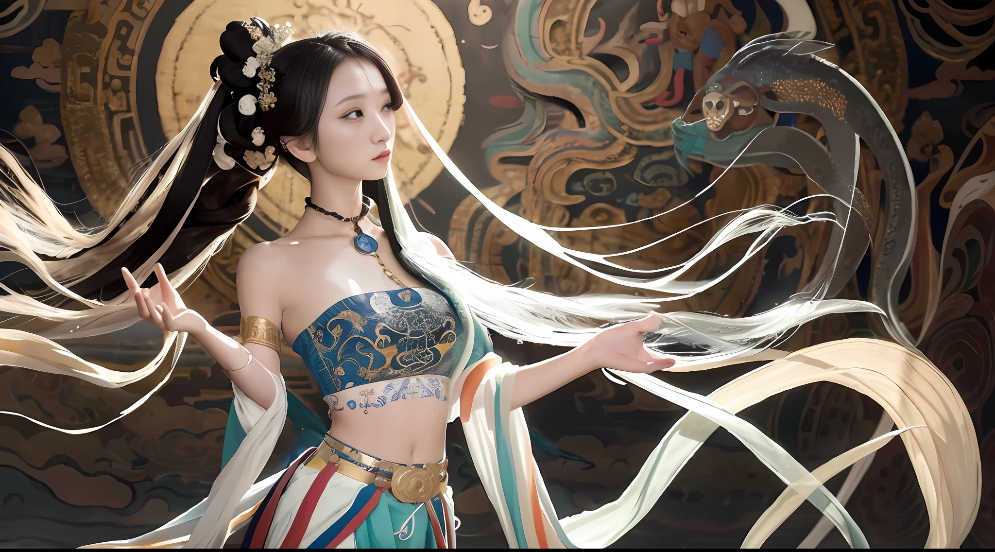 (Masterpiece, Monochrome, Color: 1.0), (Highest Quality: 1.2), (Ultra Quality: 1.1), Masterpiece, Best Quality, (Very Detailed CG Unity 8k Wallpaper), (Best Illustration), (Best Shadow), Realistic Lighting, Dunhuang Mural Paintings, Ancient Maiden, Beautiful, Beautiful, Beautiful, Beautiful, Beautiful, Beautiful, Beautiful , Beauty, Beauty, Beauty, Beauty structure