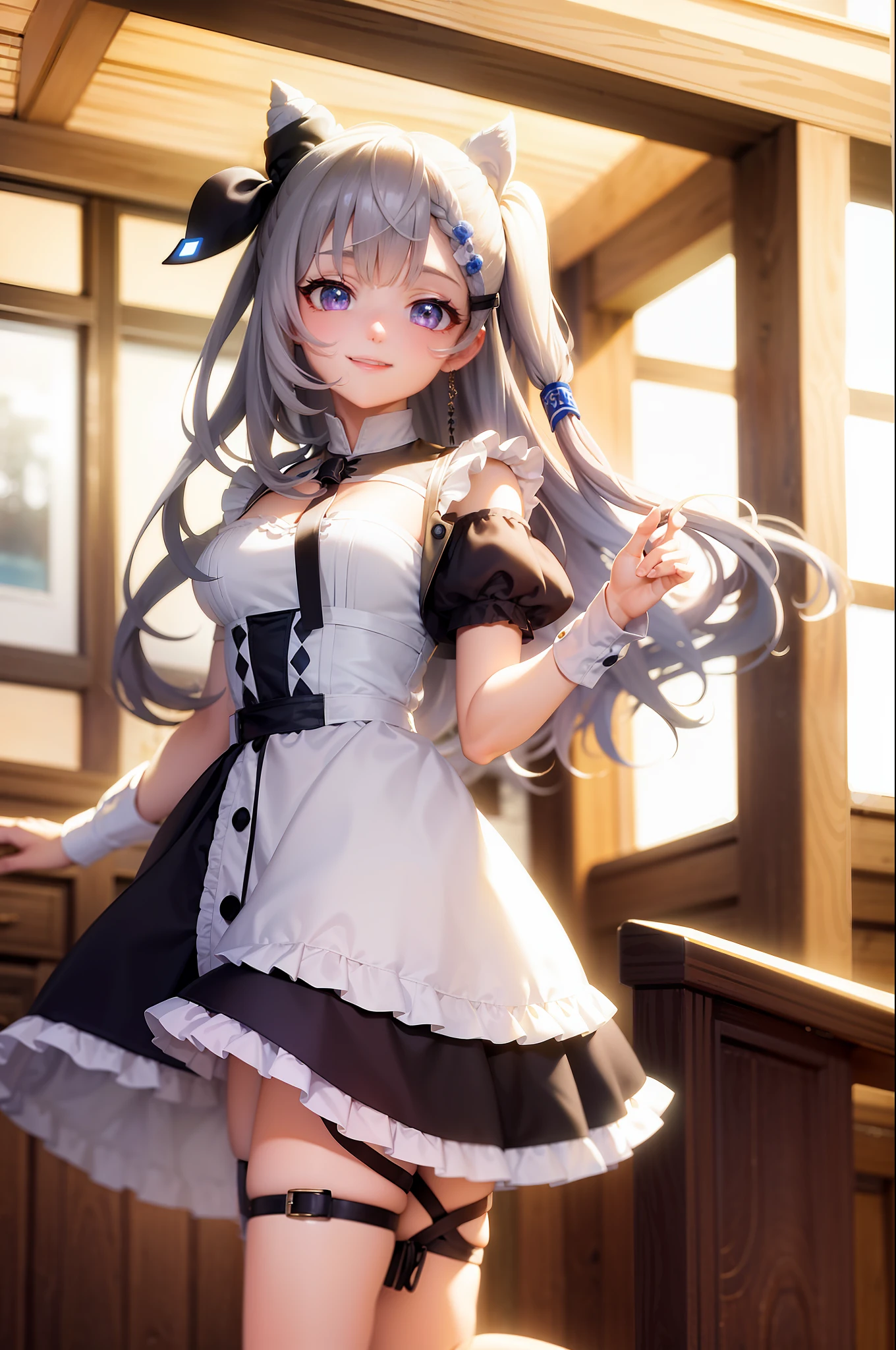 (masterpiece, best quality:1.2), cowboy shot, solo, 1girl, vestia zeta, virtual youtuber, smile, looking at viewer, hair ribbon, hair ornament, maid dress, single thighhigh, thigh strap, maid,