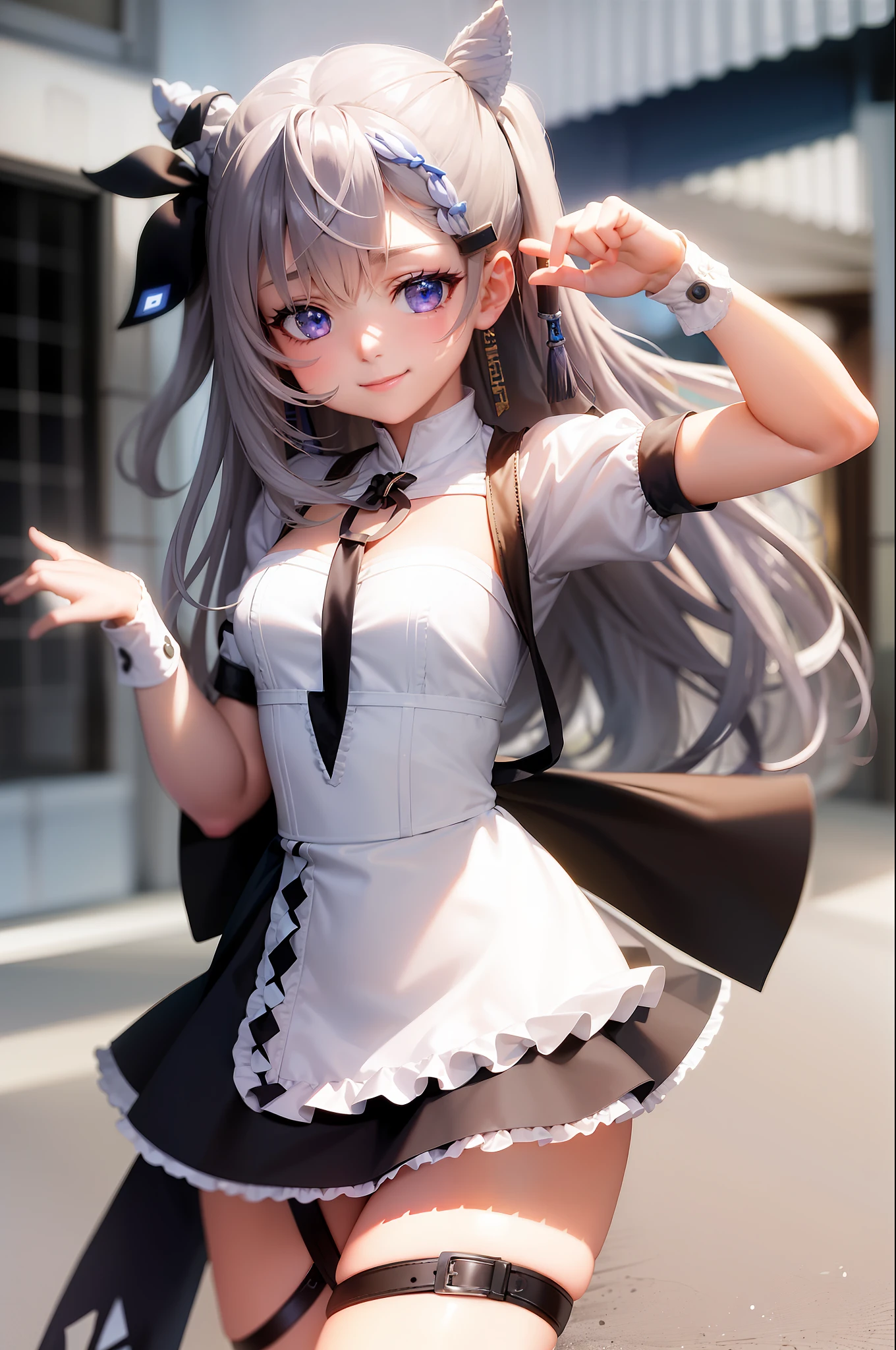 (masterpiece, best quality:1.2), cowboy shot, solo, 1girl, vestia zeta, virtual youtuber, smile, looking at viewer, hair ribbon, hair ornament, maid dress, single thighhigh, thigh strap, maid,