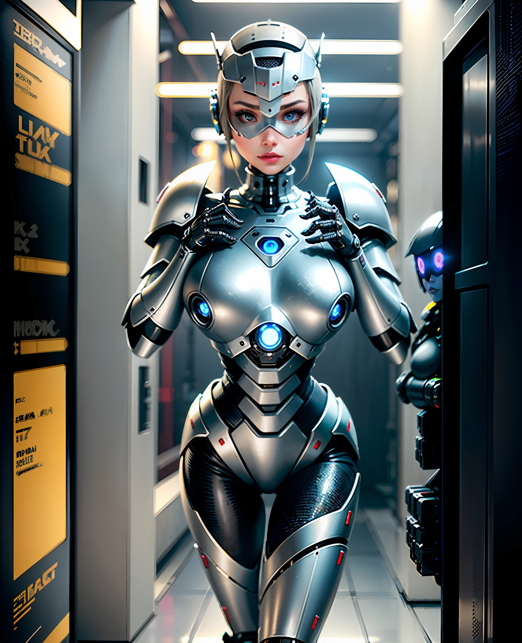 Best Quality, High Detail, 4K, Robot Girl, Robotization, Sexbot, Bionic Armor, Big Breasts, Gray Skin(Metal Texture), Futuristic Mask, Robot Face(Metal Coating), Large, Bionic Eyes(Cybernetic Eyes), Android Girl, Metal Face, Lipstick on Lips, Pose Variations, Cyborg Girl,