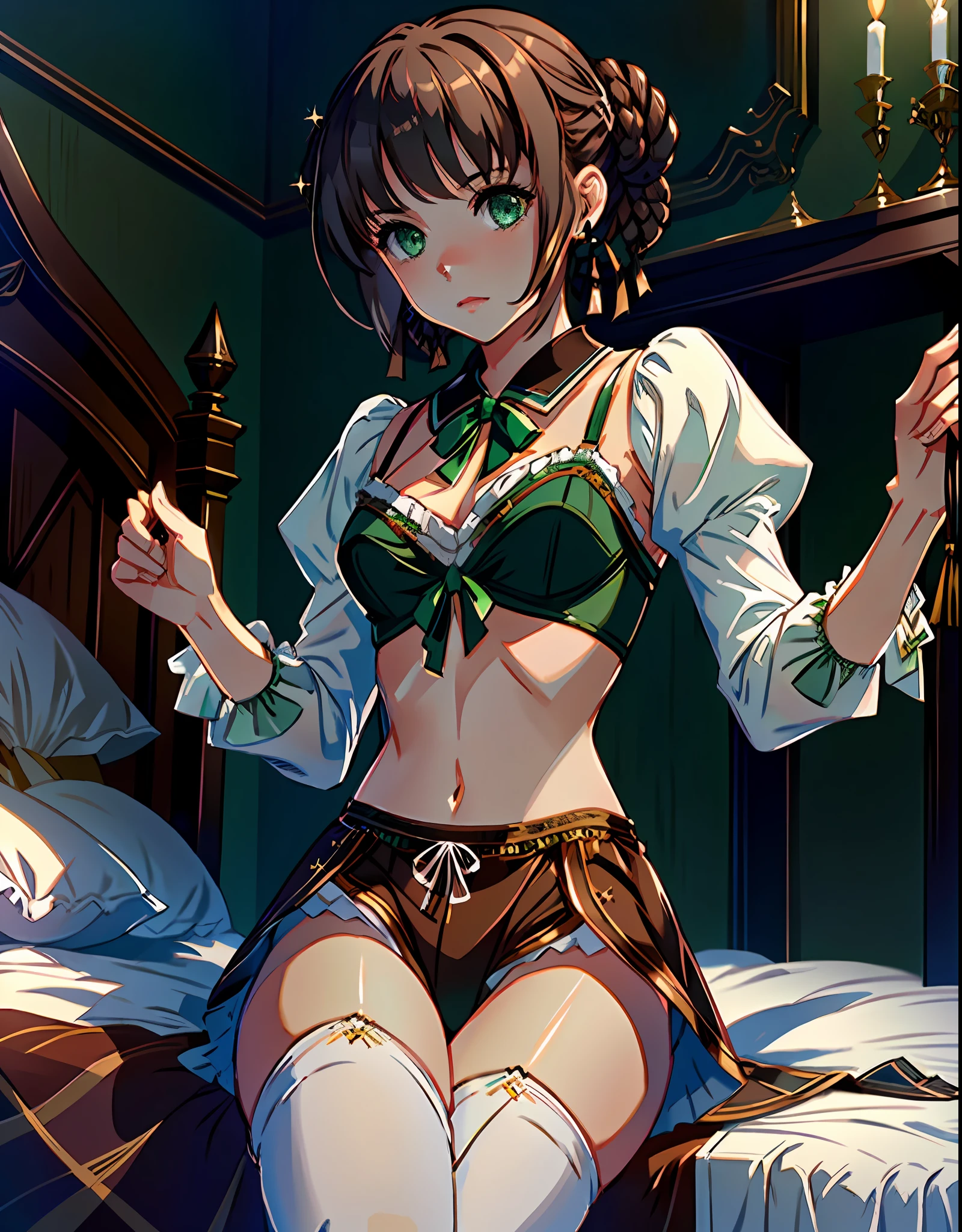 masterpiece, ultra high quality CG, best quality, perfect picture, solo, Duvalie (brown hair with braided buns, green eyes, bustier, cute, small breasts), (((wearing only a white bra and pantyhouse))), blushing, shy, inside a castle bedrrom, bed,