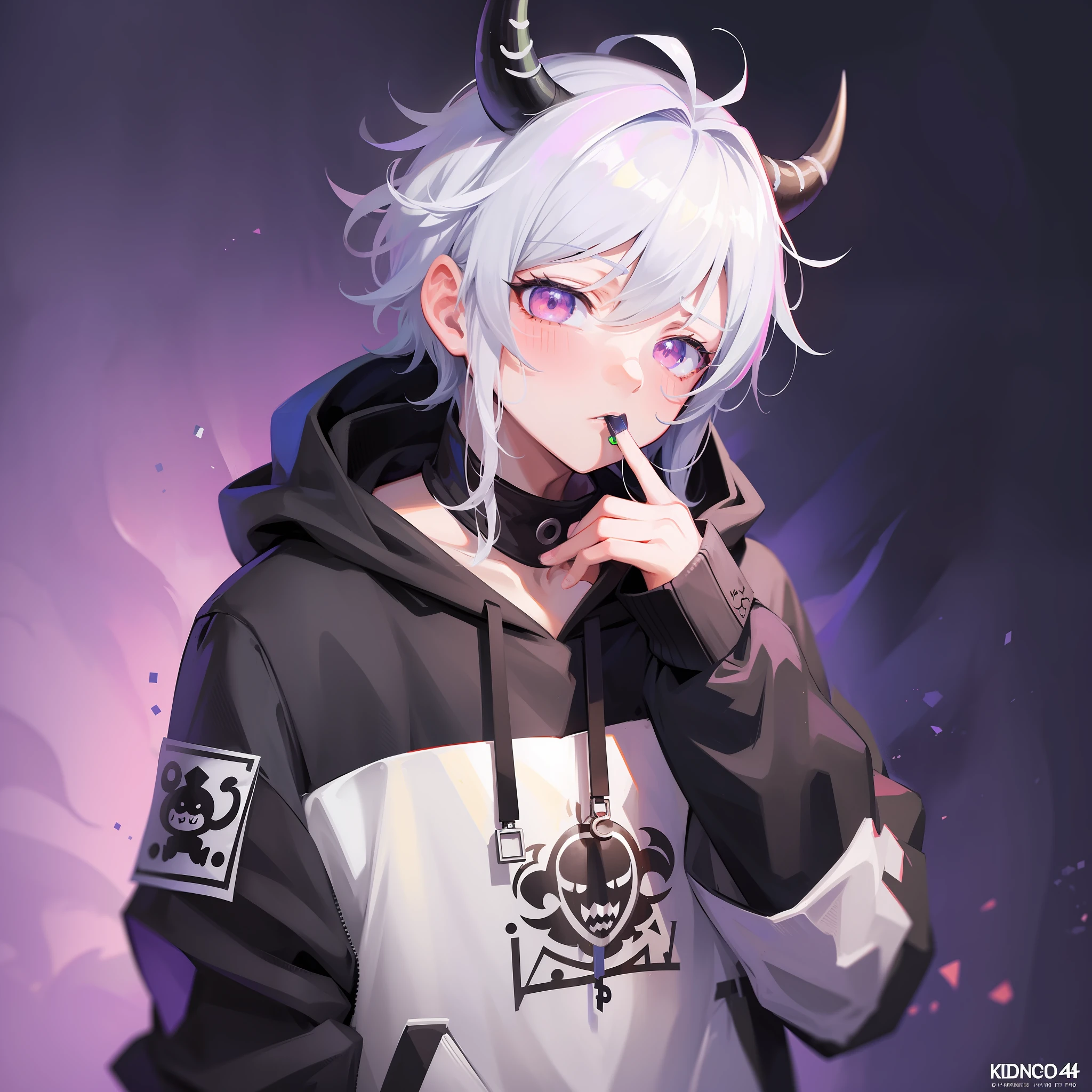 Horned boy in hoodie, index finger to mouth, facing camera, upper body, cow sticker, key anime art, Danganronpa digital art, anime art wallpaper 8K, anime style 4K, badass anime 8K