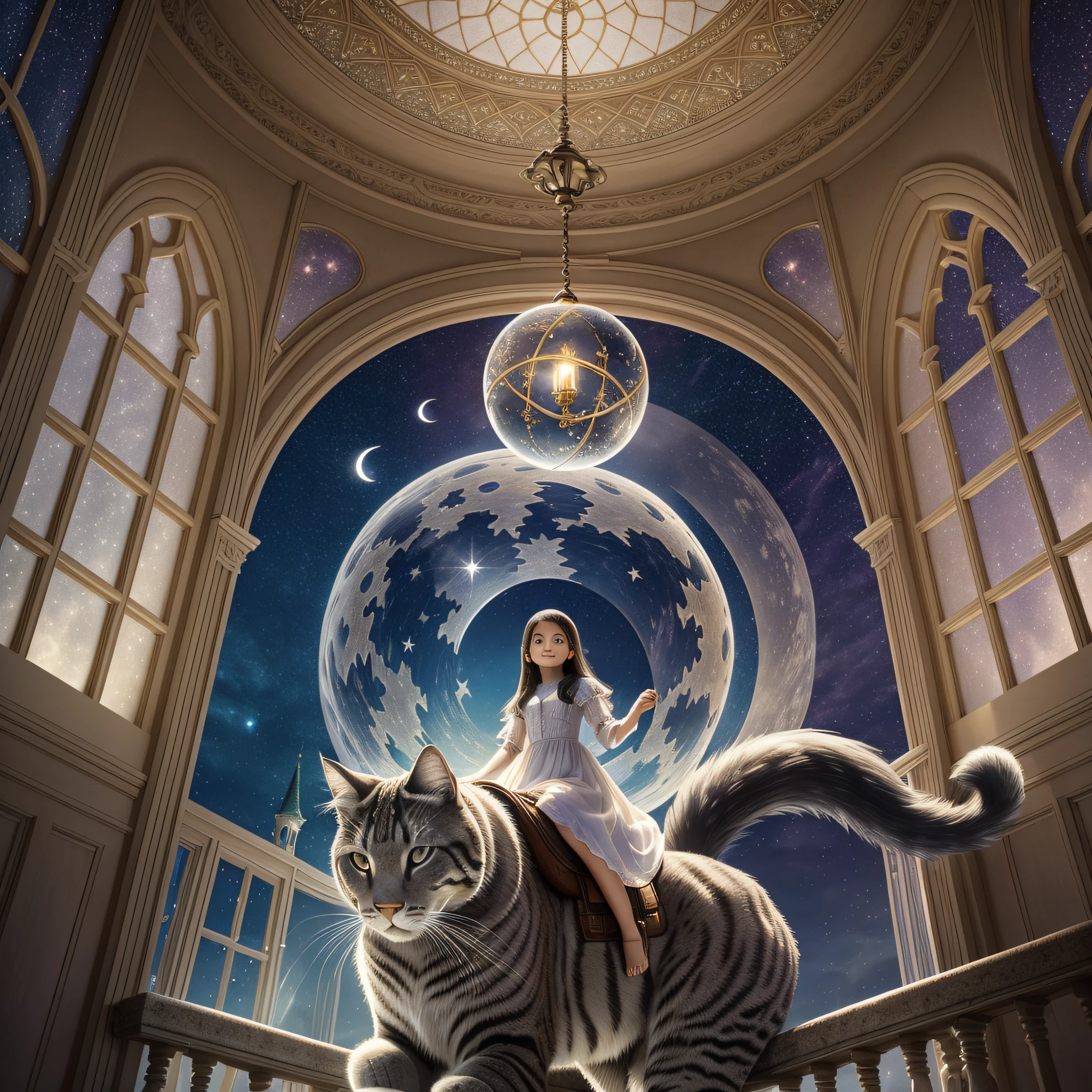 Mysterious moonlit sky, twinkling stars, mystical ambiance, glowing elements, enchanting textures:0.2 captivating digital artwork portraying a (dark-haired girl)1.2, (13 years old)1.4, gracefully riding atop a (giant cat)1.3 within the confines of a magical hotel, (exuding a sense of wonder)1.1, otherworldly surroundings filled with floating orbs and ethereal light, (whimsical architecture)1.2, reminiscent of a fairytale setting, glowing windows, intricate details, a mischievous smile on the girl's face as she explores this enchanting realm.