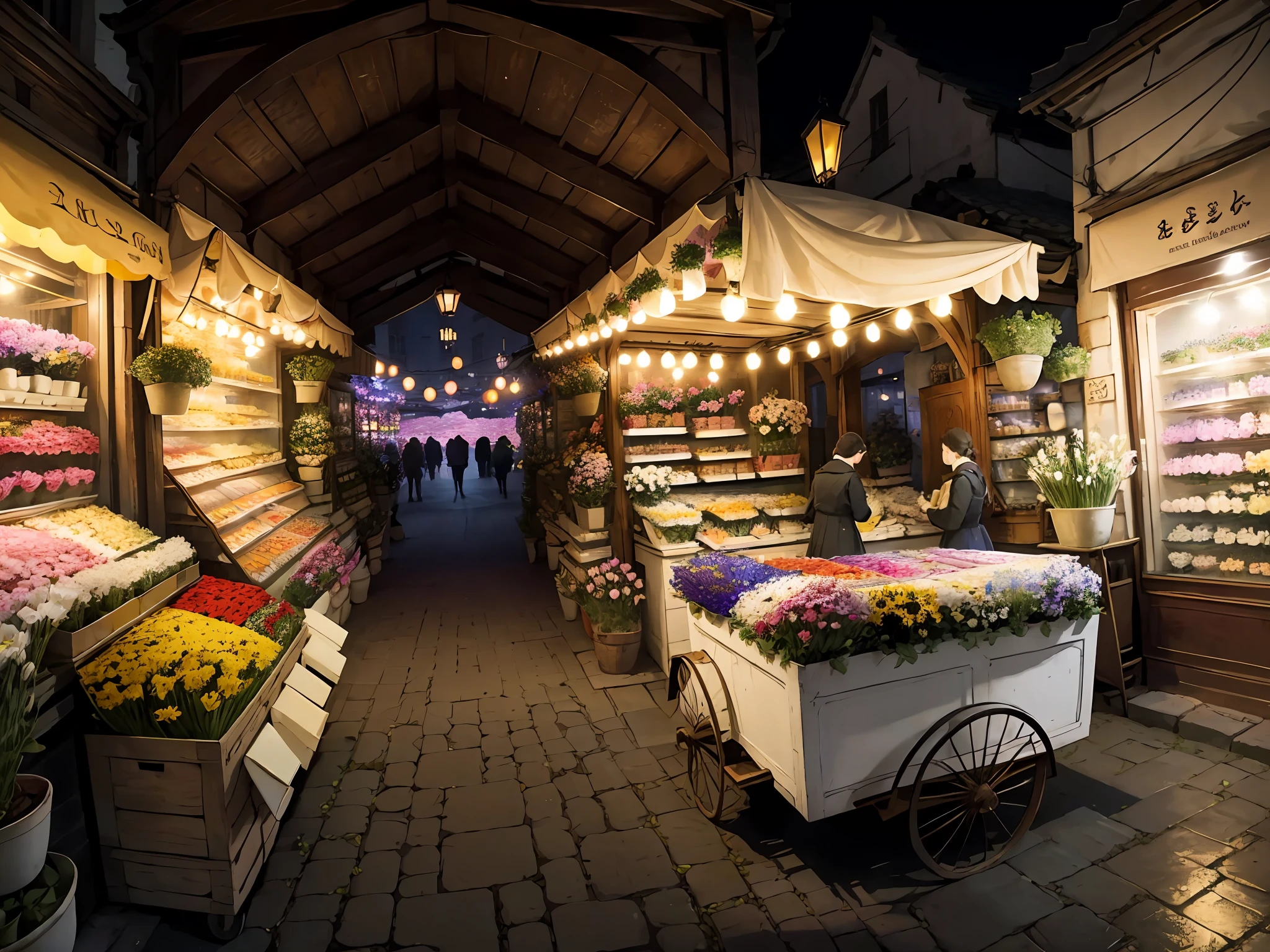 (European style:1.2) flower shop,(charming:1.2) flower cart,(vibrant:1.3) and (fresh:1.3) flowers,(lively:1.2) atmosphere, (welcoming:1.2) shopkeeper,(spatial depth:1.1),(varying perspective:1.1),(dynamic light:1.2),(brightly illuminated:1.2),(floral scent:1.2),(peaceful:0.9)