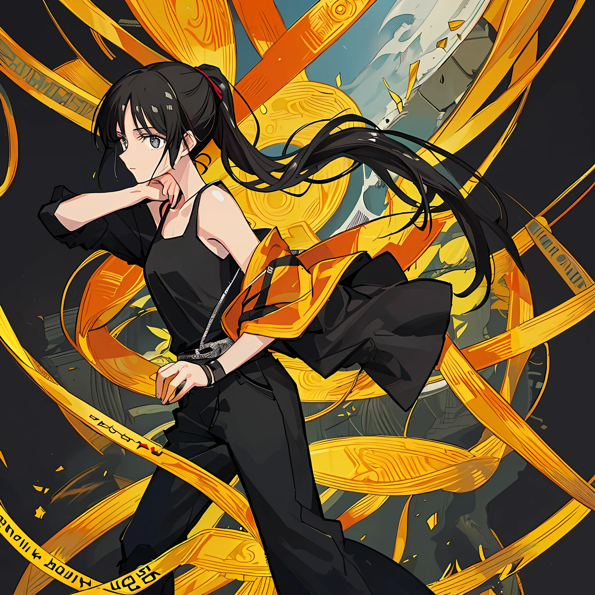 (Masterpiece), (Best Quality), (Super Detail),(Illustration), 1 Woman, Black Hair, Ponytail Hair, Black Clothing, by Yoshihiro Togashi, Manipulating Shadows.