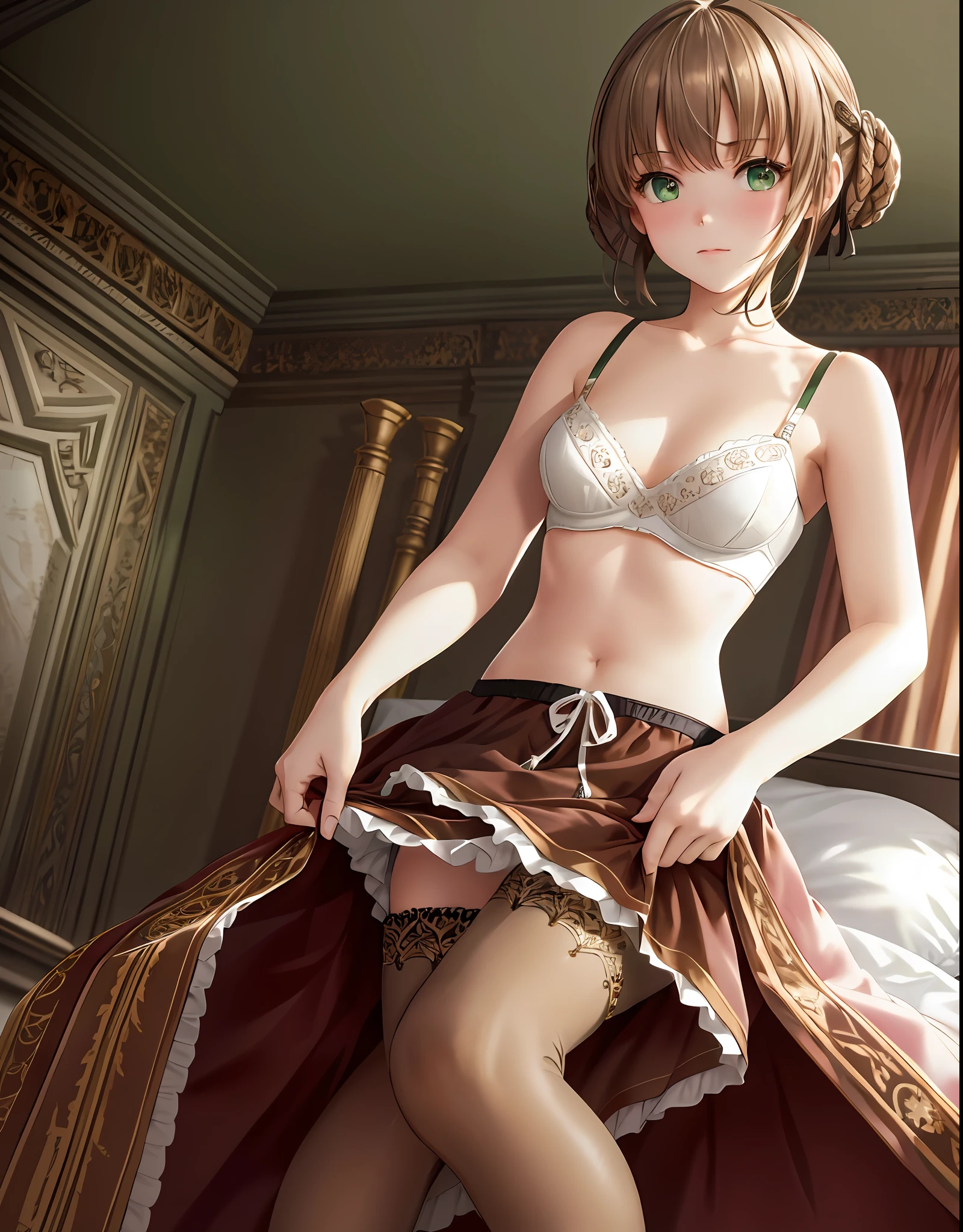 masterpiece, ultra high quality CG, best quality, perfect picture, solo, Duvalie (brown hair with braided buns, green eyes, bustier, cute, small breasts), (((wearing only a white bra and pantyhouse))), blushing, shy, inside a castle bedrrom, bed,