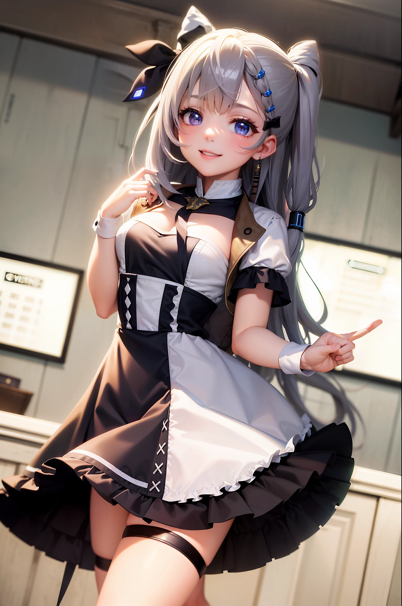 (masterpiece, best quality:1.2), cowboy shot, solo, 1girl, vestia zeta, virtual youtuber, smile, looking at viewer, hair ribbon, hair ornament, maid dress, single thighhigh, thigh strap, maid,