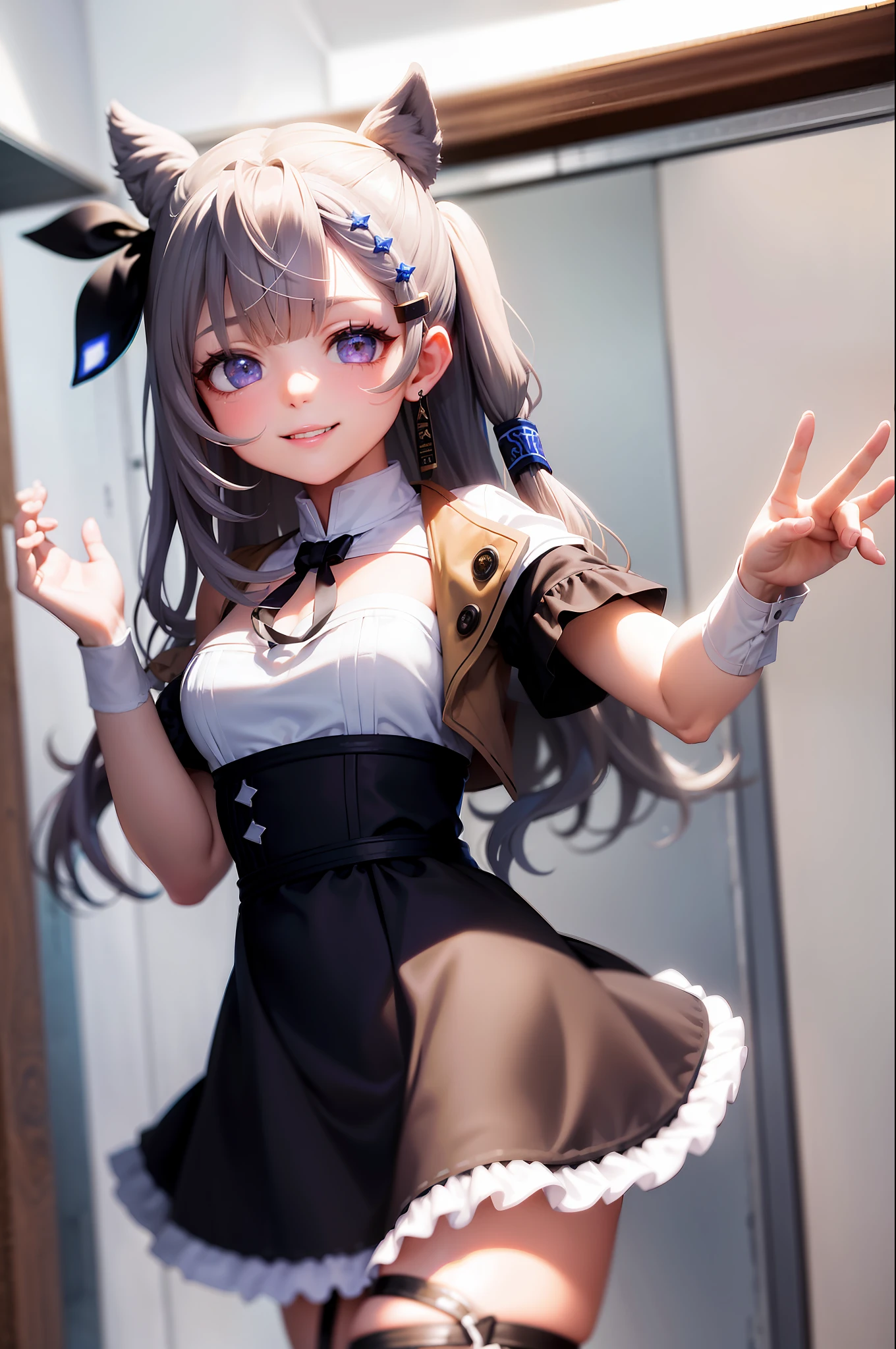 (masterpiece, best quality:1.2), cowboy shot, solo, 1girl, vestia zeta, virtual youtuber, smile, looking at viewer, hair ribbon, hair ornament, maid dress, single thighhigh, thigh strap, maid,