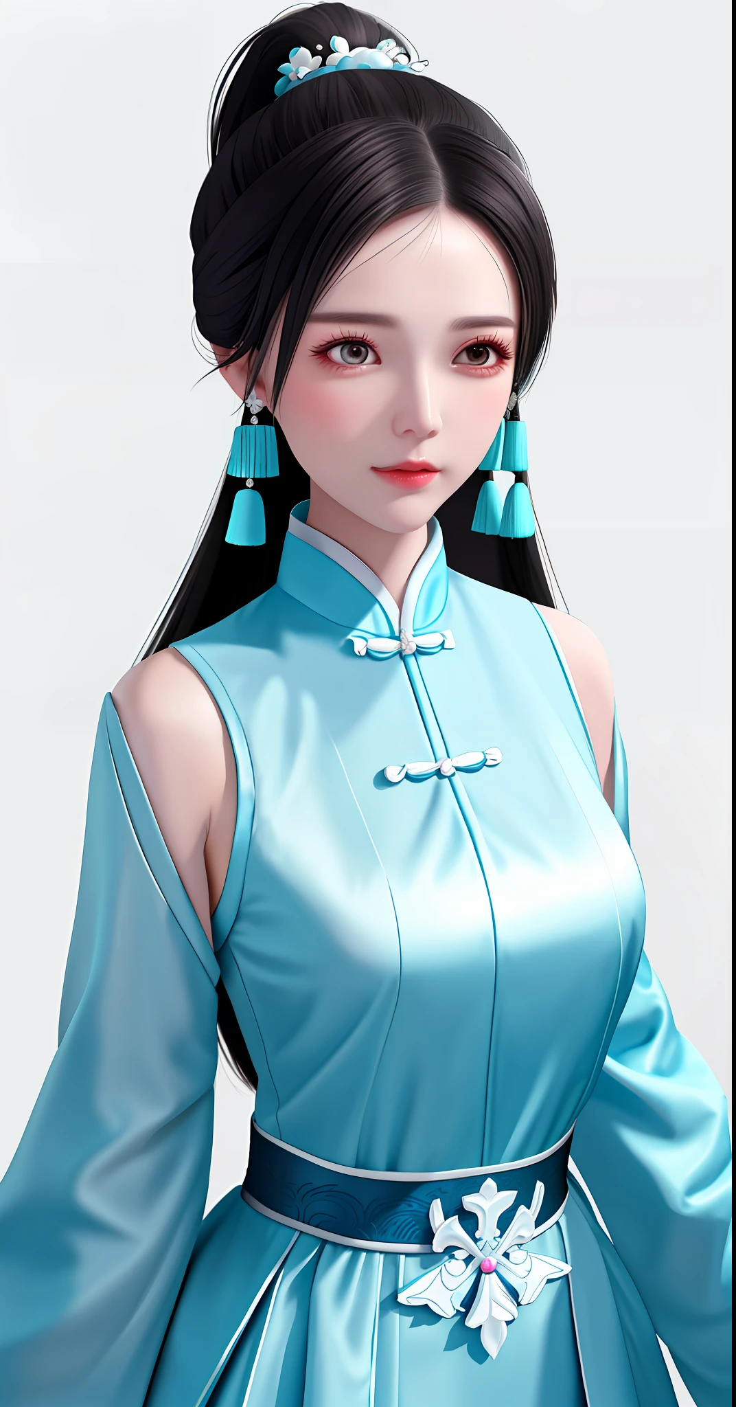 White background wall, wife mature Chinese style black single ponytail cyan dress elegant temperament, sweat direct, semi-nude long leg chest close-up, high quality, details, HD
