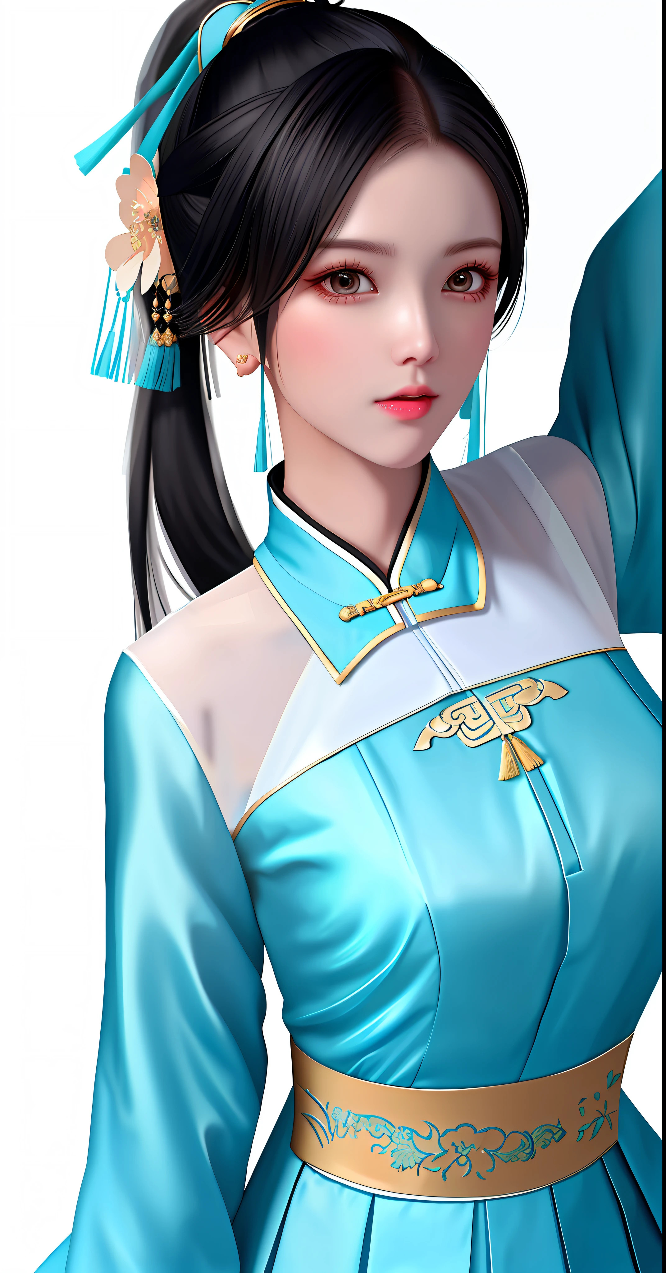 White background wall, wife mature Chinese style black single ponytail cyan dress elegant temperament, sweat direct, semi-nude long leg chest close-up, high quality, details, HD