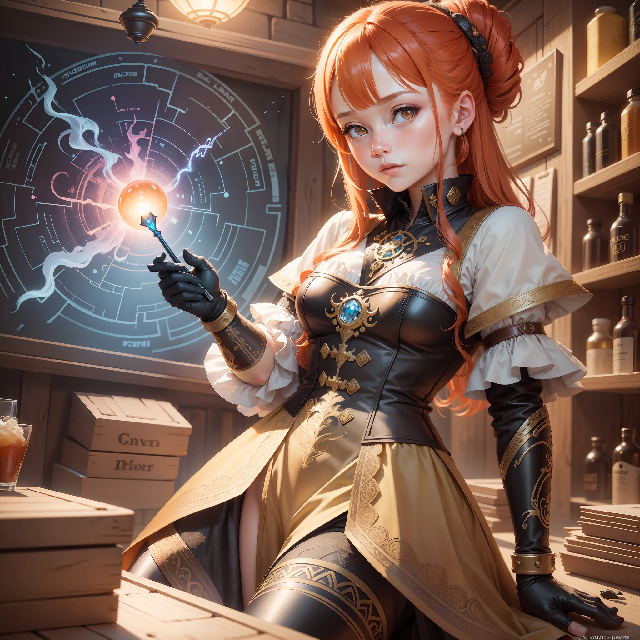 ultra cute ginger chibi woman, medieval tale tavern, intricately detailed colorful interior, detailed intense sunrise lightning, deep stage, best geometry, award wining masterpiece, ultra intricate shadows and lighting, best lighting, best shadows, intricate busy setting, ultra detailed intricate background, trending on art station, global illumination, selfilluminated, bioluminescence, midjorney style, art by Fyodor Rokotov