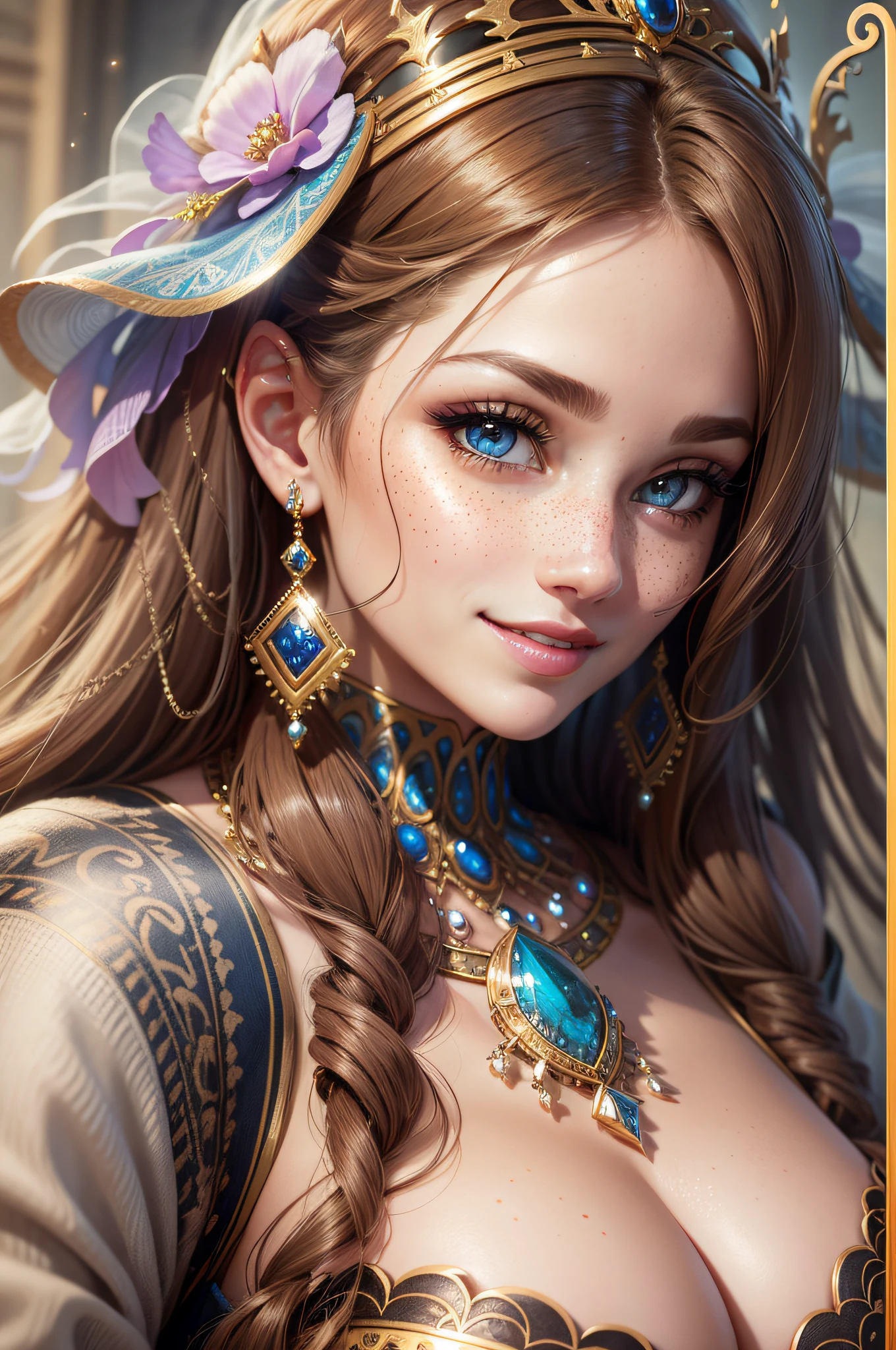 close-up of a beautiful female face, gorgeous eyes, intricate, cleavage, soft lips, smiling, naughty, seductive glance, freckles, crown, jewelry