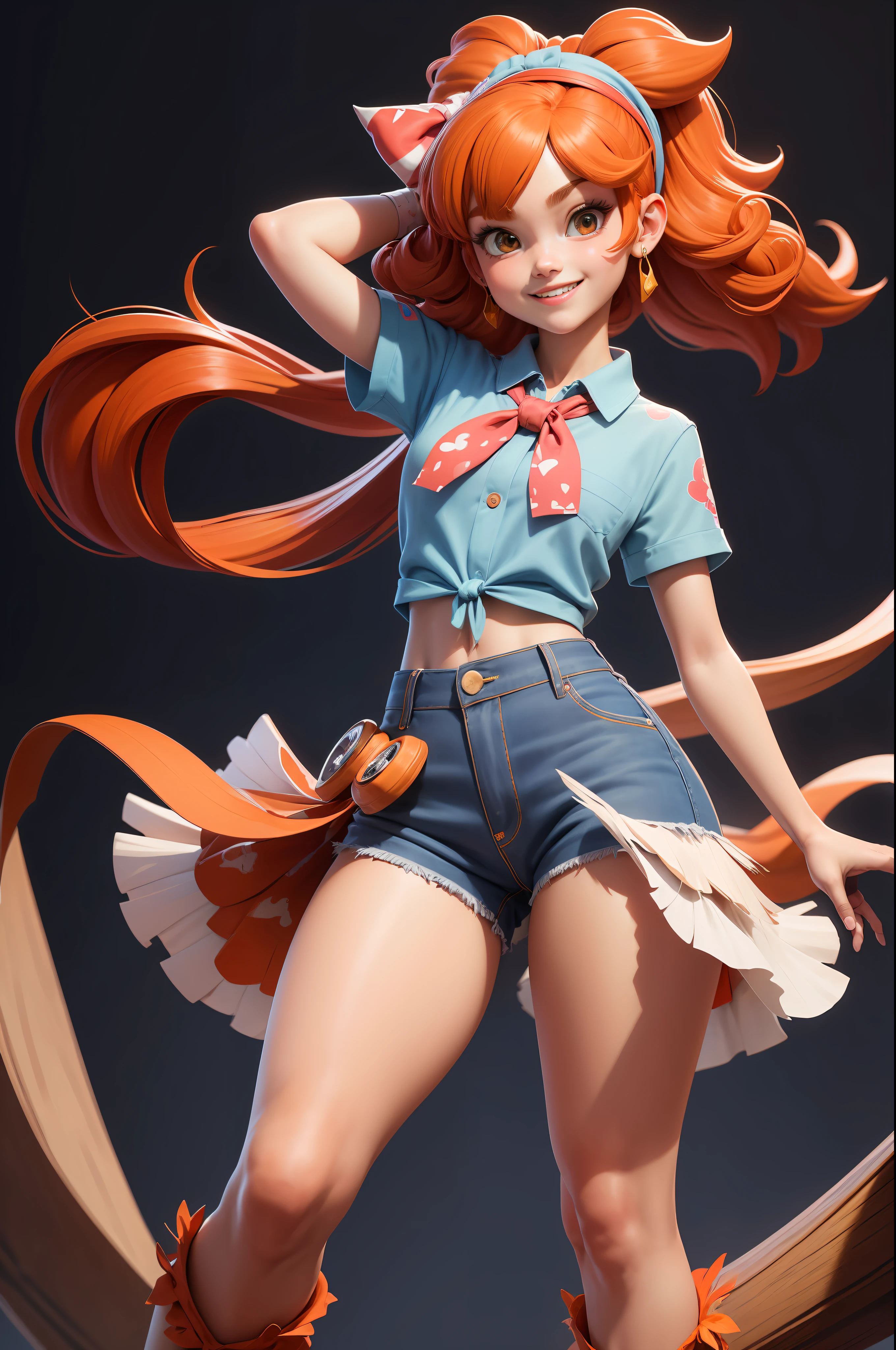 3dmm style, (masterpiece, best quality), intricate details, 1girl, solo, bea\(pokemon\), bow hair band, printed shirt, tied shirt, jeans, single glove, print shorts, knee pads, barefoot, cowboy shot, front, red clothing, red hair, smiling wide shot, long shot, wearing high heels on feet, arms and feathers stretched, heroic pose, tie, bow