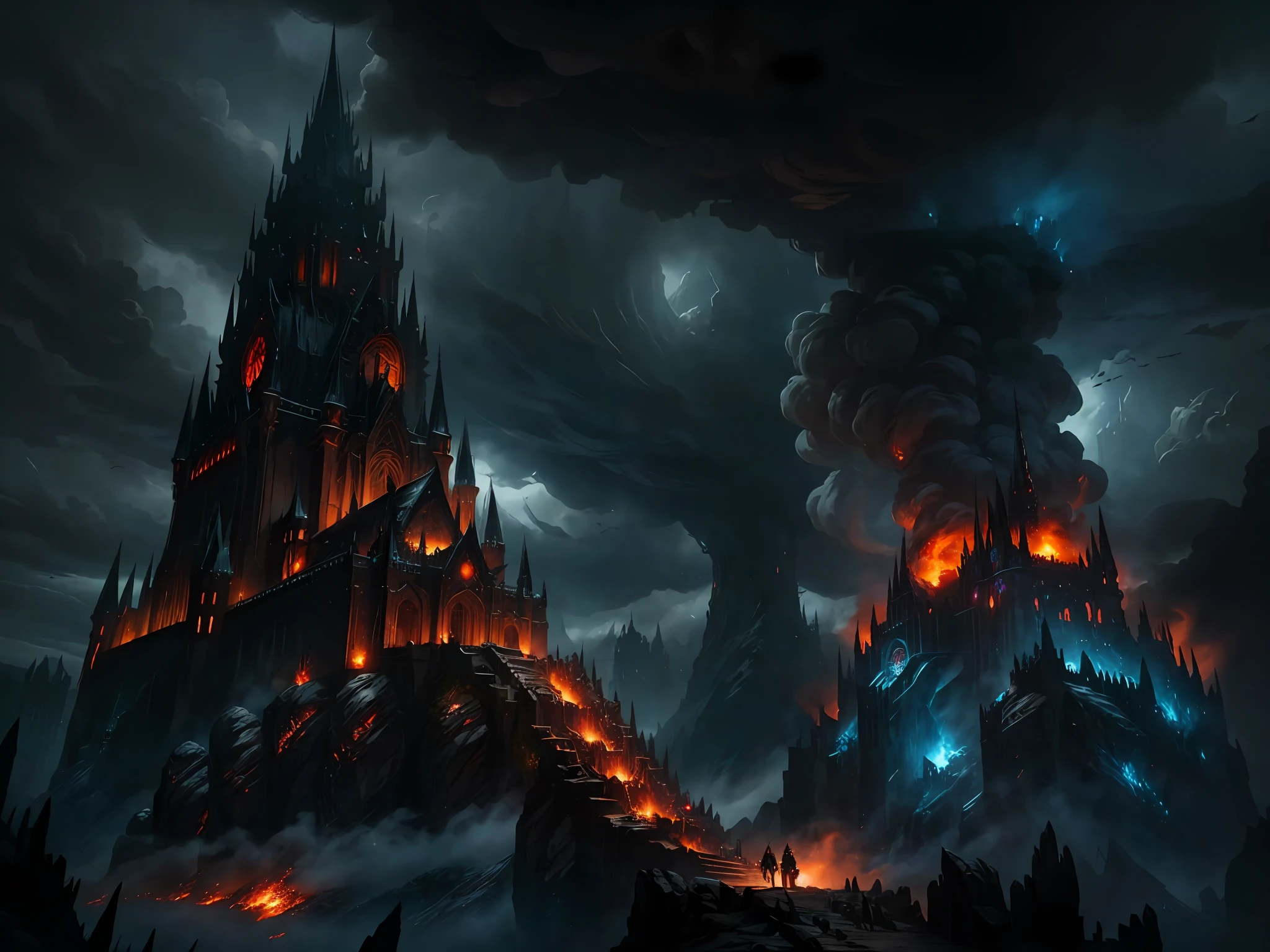 (best quality),fantasy landscape, demon lord, dark fantasy, dramatic lighting, ominous clouds, imposing atmosphere, epic scale, detailed textures, impressive architecture, dynamic camera angle, fiery explosions.