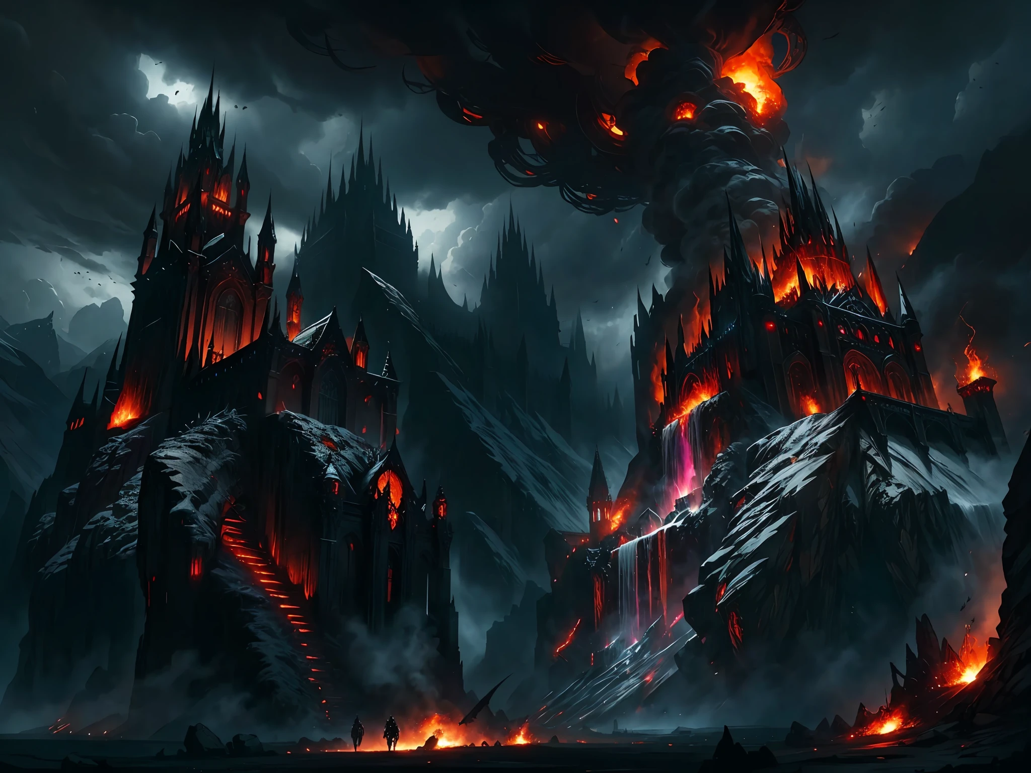 (best quality),fantasy landscape, demon lord, dark fantasy, dramatic lighting, ominous clouds, imposing atmosphere, epic scale, detailed textures, impressive architecture, dynamic camera angle, fiery explosions.