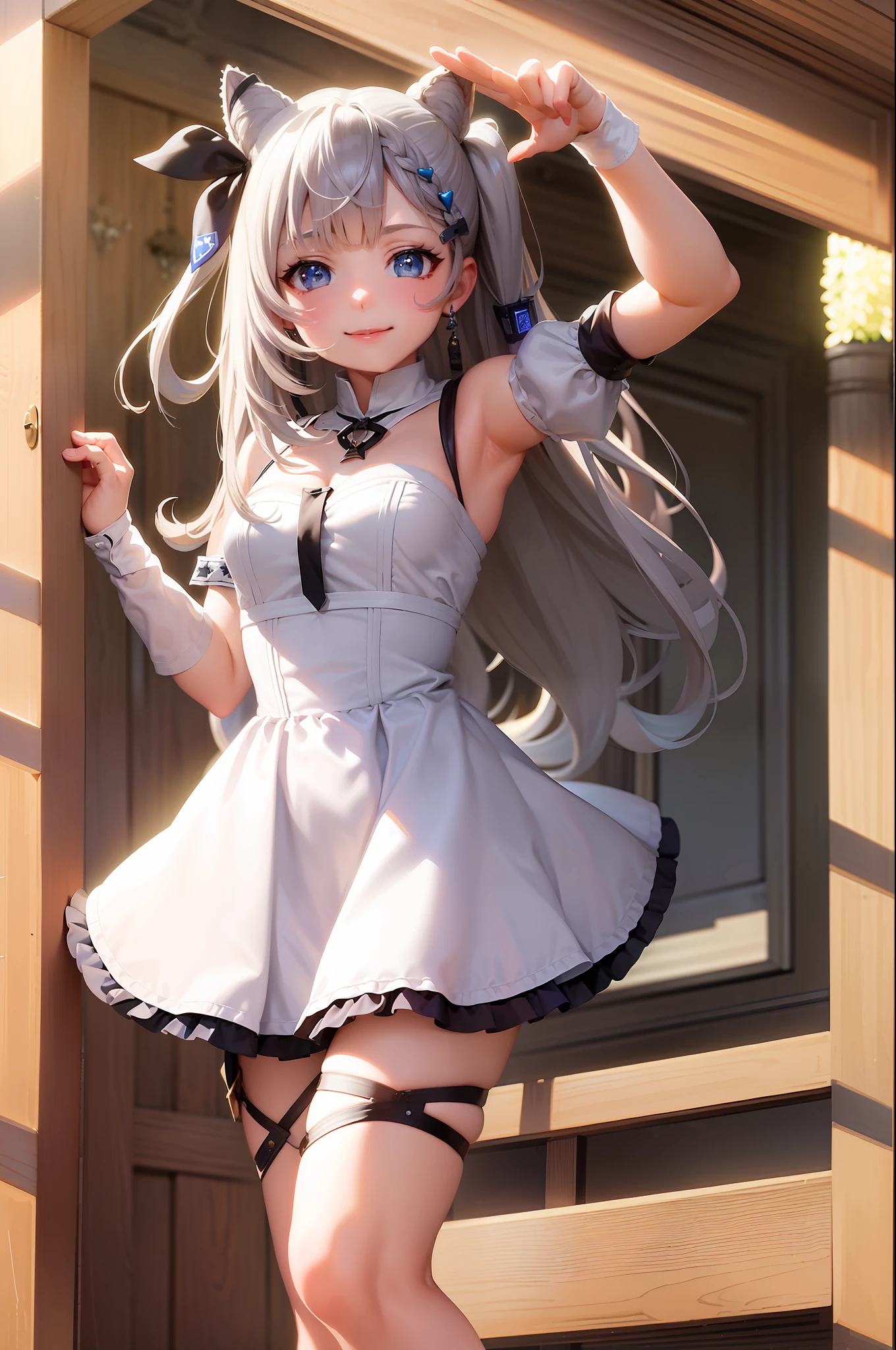 (masterpiece, best quality:1.2), cowboy shot, solo, 1girl, vestia zeta, virtual youtuber, smile, looking at viewer, hair ribbon, hair ornament, maid dress, single thighhigh, thigh strap, maid,