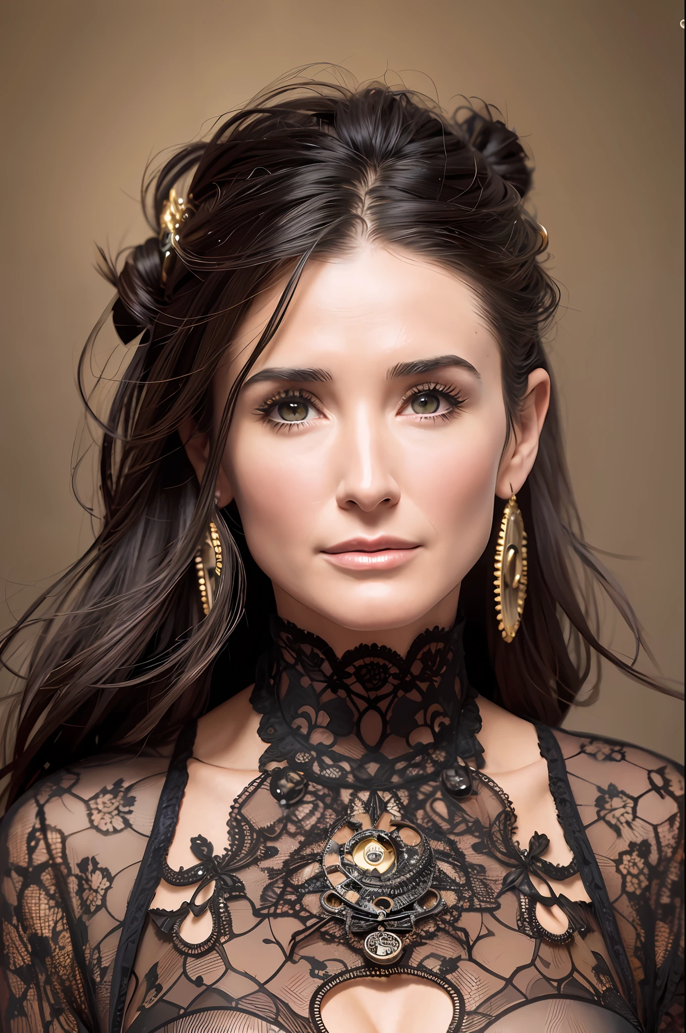 High definition image quality, 8k photo, intricate details: 1.2, cinematic lighting, American actress Demi Moore, steampunk , , , , --q 1, DSLR --v 6 --s2