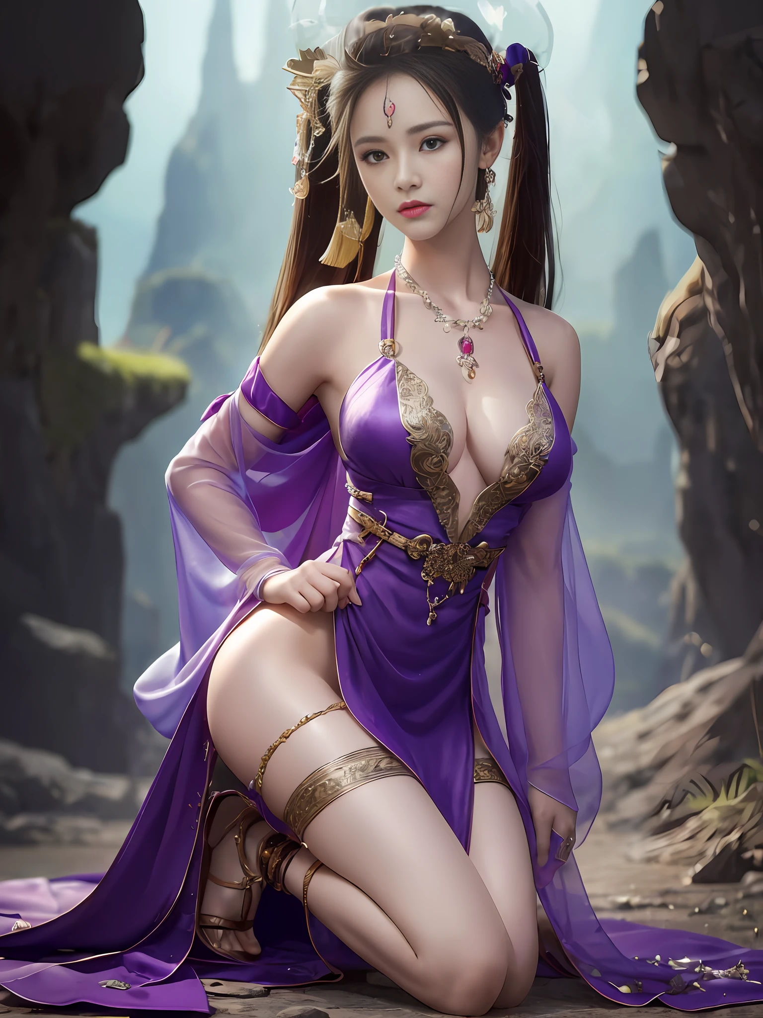(raw photo: 1.5, masterpiece, acura, 8k, best quality), (fine detail, realism: 1.5, photorealism), A beautiful and sexy female adventurer, she is defeated, kneeling on the ground, hands tied behind her back, she is desperate, afraid and frightened, Slim purple placket Chinese long skirt, (transparent fabric, sheer clothes, Hanfu), torn armor, torn clothes, perfect female body, delicate face, smooth long brown hair, single ponytail, delicate black eyes, Ruddy fine thin lips, (delicate high-detail face: 1.2, high-detail skin: 1.3, shiny skin), slim figure, collarbone, bare shoulders, small boobs, cleavage, nipple, cameltoe, high heels, hair accessories, necklace, kneeling, rope, binding, portrait, close-up of face, fantasy art, classical pattern, full body fairy, (in the dark: 1.6, volumetric lighting), (complex ruins: 1.5, eccentric caves: 1.5, gloomy rock walls: 1.5)