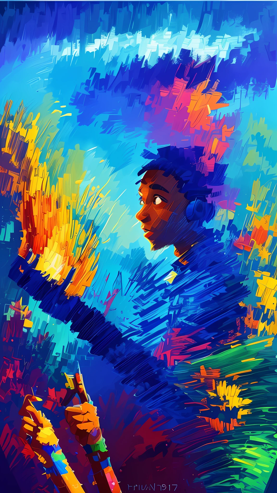 a black boy, black skin, black skin, round glasses, apron, painter, holding a brush, beanie, headphones, painting, happy, happy, perfect quality, clear focus (clutter - house: 0.8), (masterpiece: 1.2) (realistic: 1.2) (bokeh) (best quality) (detailed skin: 1.3) (intricate details) (8K) (detail eyes) (sharp focus), (happy), in the futuristic style Giacomo Balla, The Hand of the Fiddler by Giacomo Balla,  beautiful art uhd 4 k, BALLA, Giacomo. The Hand of the Violinist, 1912.!!!!!!!!!!!!!!!!!!!, style Giacomo Balla Arte, style Giacomo Balla, inspired by Giacomo Balla, rich in colors, The Hand of the Fiddler