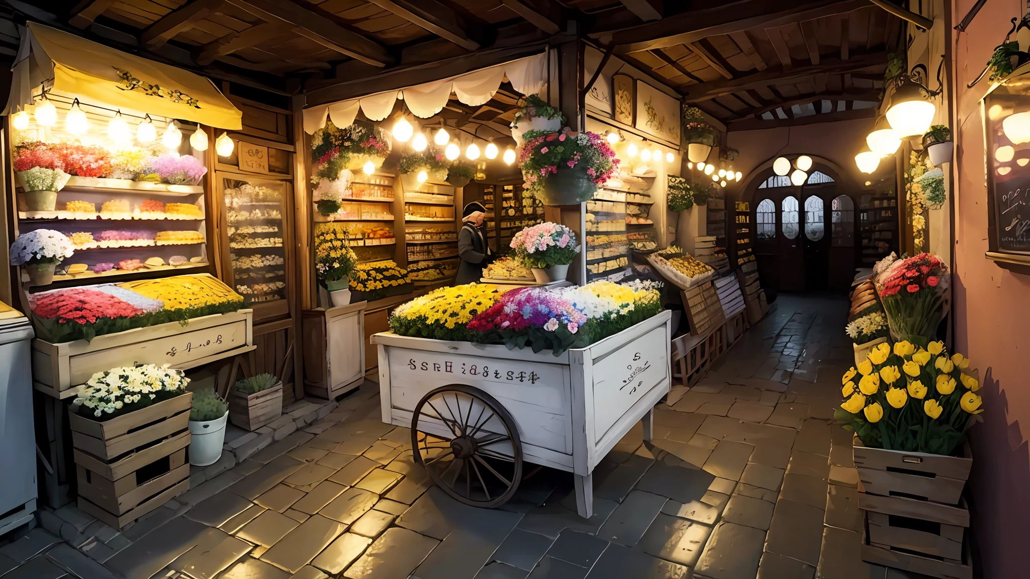 (European style:1.2) flower shop,(charming:1.2) flower cart,(vibrant:1.3) and (fresh:1.3) flowers,(lively:1.2) atmosphere, (welcoming:1.2) shopkeeper,(spatial depth:1.1),(varying perspective:1.1),(dynamic light:1.2),(brightly illuminated:1.2),(floral scent:1.2),(peaceful:0.9)