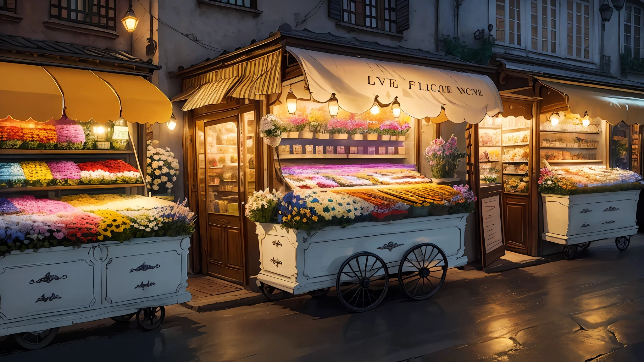 (European style:1.2) flower shop,(charming:1.2) flower cart,(vibrant:1.3) and (fresh:1.3) flowers,(lively:1.2) atmosphere, (welcoming:1.2) shopkeeper,(spatial depth:1.1),(varying perspective:1.1),(dynamic light:1.2),(brightly illuminated:1.2),(floral scent:1.2),(peaceful:0.9)