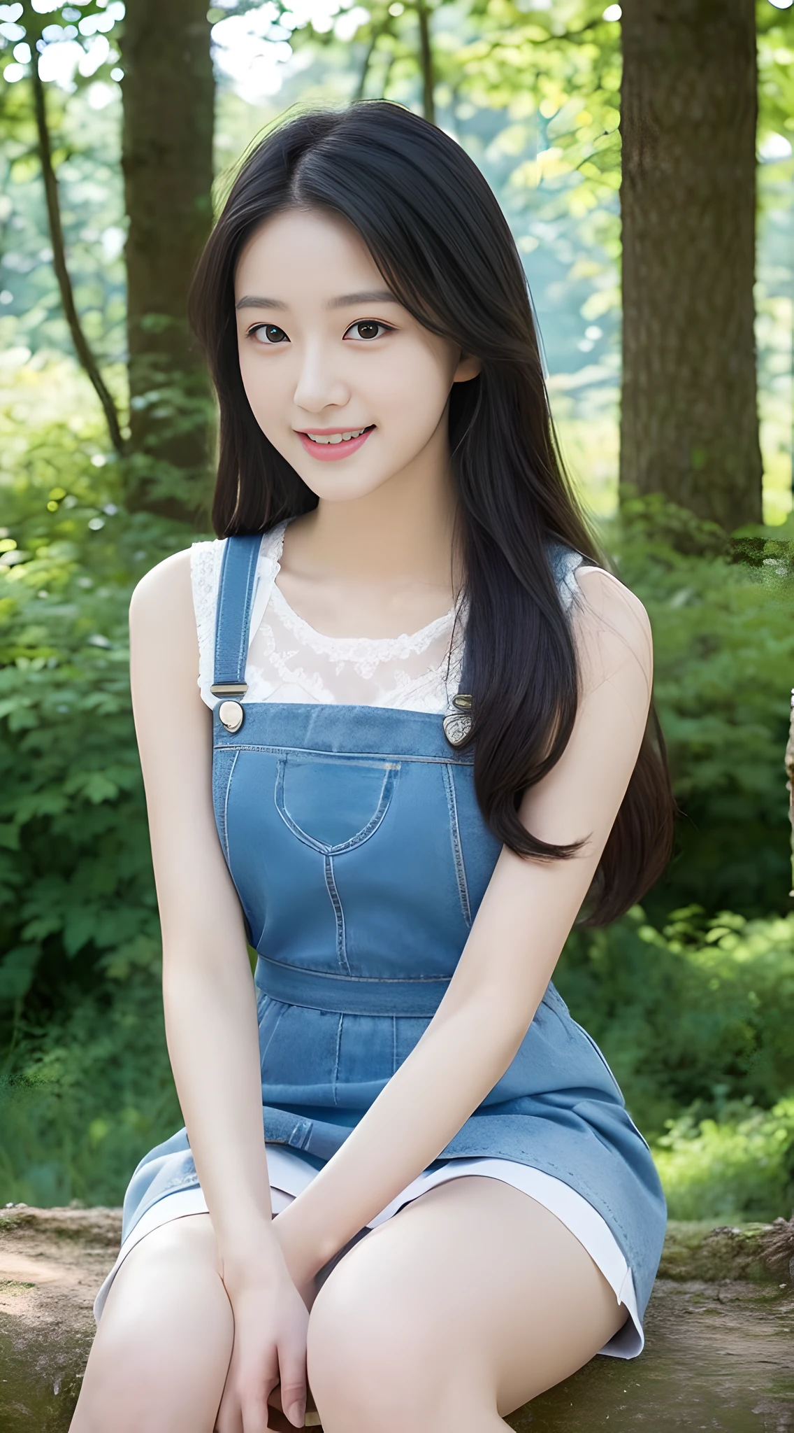 A beautiful and cute girl, full body photo, extremely beautiful and delicate, black hair, sweet smile, delicate beautiful fair skin, realistic and realistic, exquisite and complete facial features, detailed facial portrayal, high nose bridge, flowing smooth hair, extremely delicate hair, soft temperament, face light, tall, thin, real, hyper-real, full-body lens, forward tilt angle, ultimate picture quality, highest precision, accurate and perfect human body structure. Blue sky and white clouds, sitting in the woods, blue sky and white clouds, sunlight, (suspenders, long skirts) panties are clearly visible