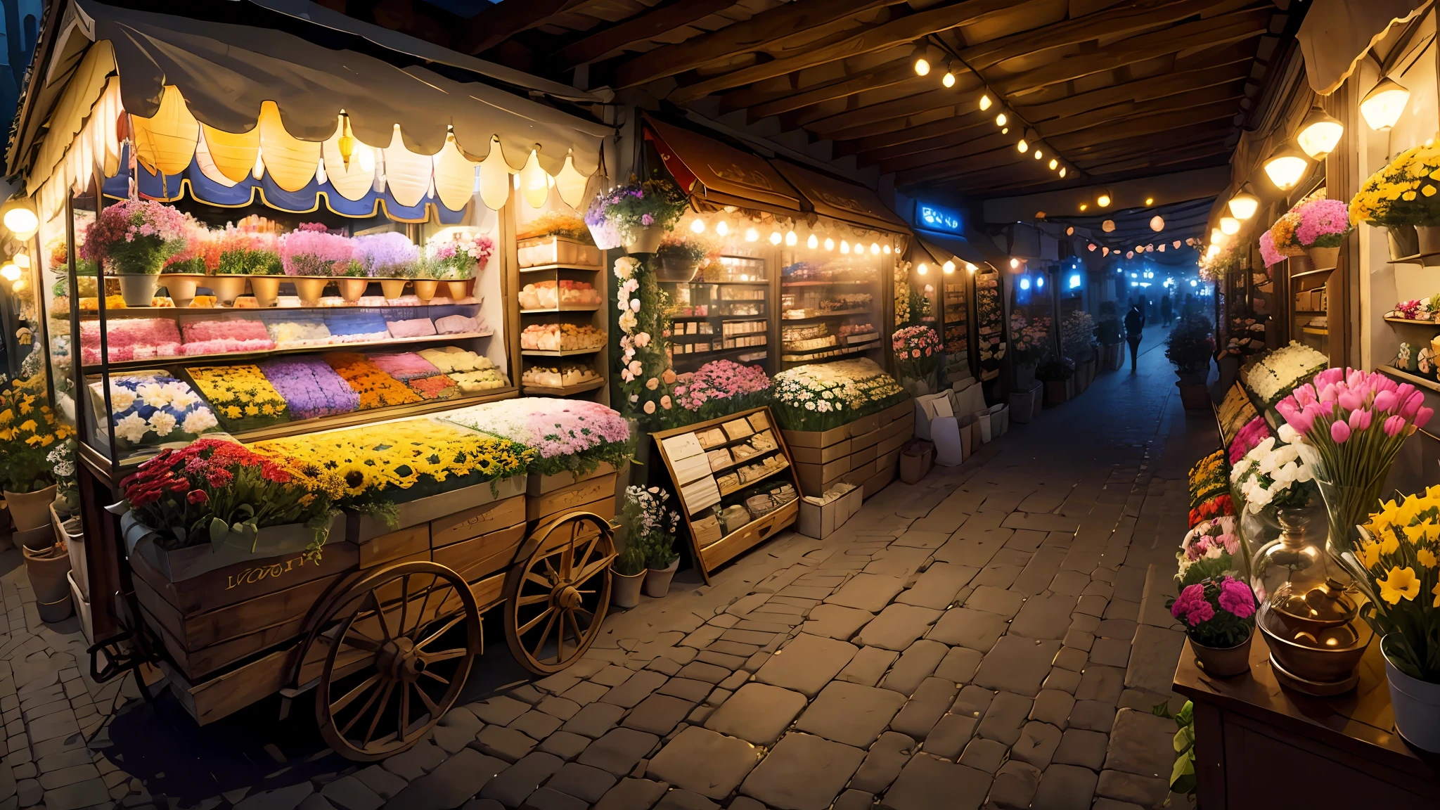 (European style:1.2) flower shop,(charming:1.2) flower cart,(vibrant:1.3) and (fresh:1.3) flowers,(lively:1.2) atmosphere, (welcoming:1.2) shopkeeper,(spatial depth:1.1),(varying perspective:1.1),(dynamic light:1.2),(brightly illuminated:1.2),(floral scent:1.2),(peaceful:0.9)