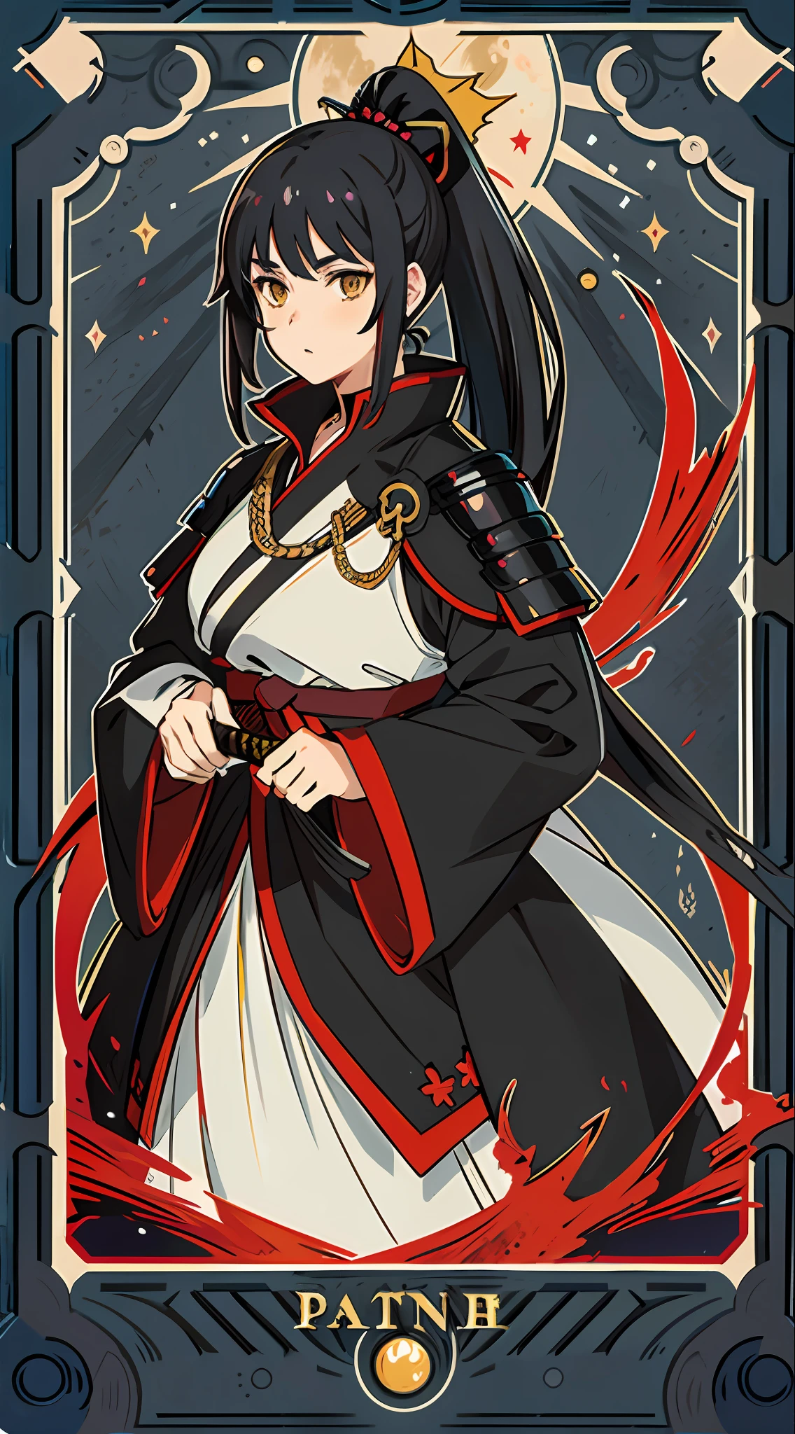 (anime-style, highly detailed and lifelike, best quality), a lone (girl:1.2) stands before (a scenic mountain landscape), her (black hair:1.3) pulled back tightly into a (streamlined ponytail:1.05). Her (expressive yellow eyes) shine against the stark contrast of her (black and red samurai armor), each piece (magnificently detailed:1.15). She confidently holds a (polished katana) at her side, poised and ready for whatever may come her way. The strength tarot card text at the very bottom, Dark sky, full moon at the vary top of the card