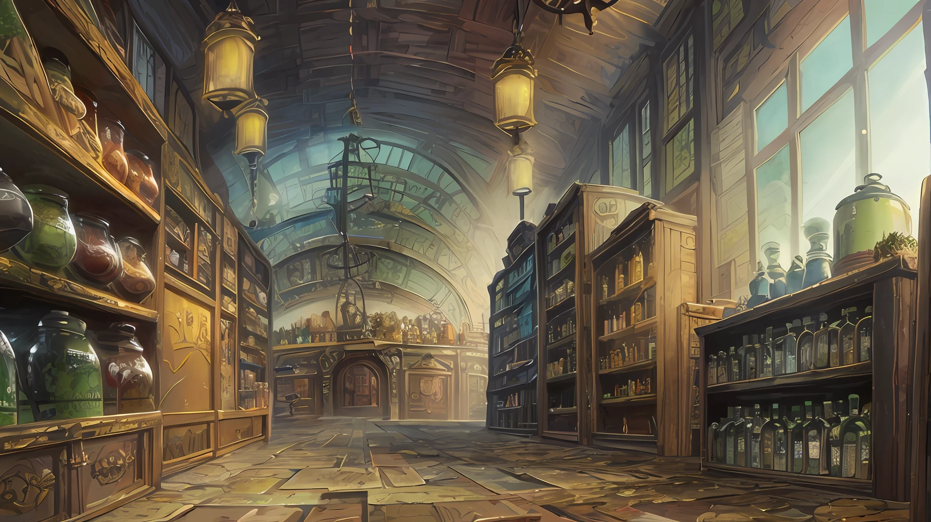 Award-winning masterpiece scene concept art ((solo)), (a Victorian steampunk style grocery store), Victorian decoration style, fantasy style, shop floor, various shelves filled with various bottles and jars of potions and books, various groceries and food, various weapons, cluttered shop, cityscape outside the window, Middle-earth, fantasy, detail, intricate, very detailed, digital painting, art trends, concept art, sharp focus, illustration, digital art, from The Lord of the Rings.