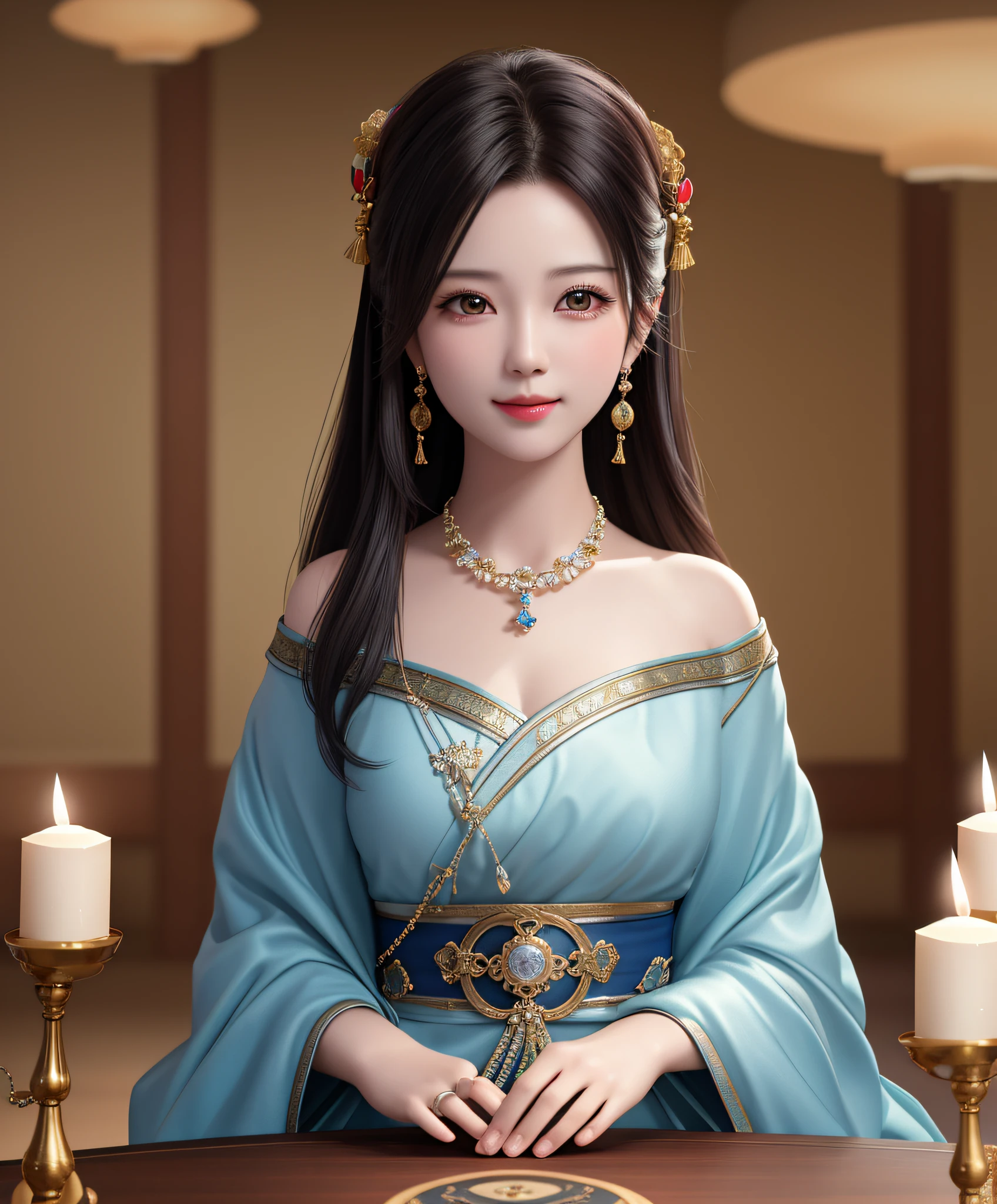 top quality, masterpiece, hi-res, 1 woman, 35 years old, Japanese, western style fortune teller outfit, hair ornament, necklace, jewelry, beautiful face, calm smile, upon_body, Tyndall effect, photorealistic, divination room, candles on table, tarot cards, rim lighting, two tone Lighting, (High Definition Skin:1.2), 8k uhd, DSLR, soft lighting, high quality, volumetric lighting, candid, photography, high resolution, 4k, 8k, bokeh