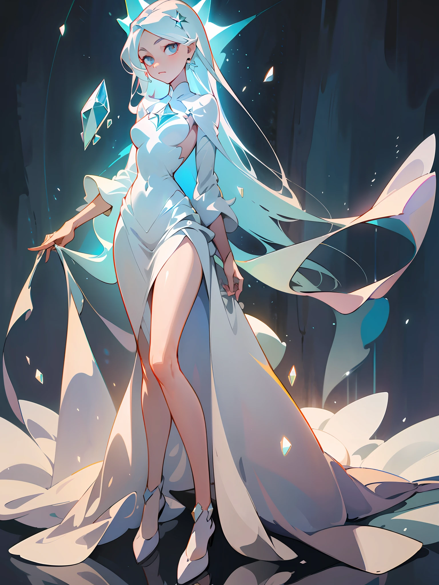 (best quality, masterpiece), 1 girl, white diamond mineral, beautiful full body concept art, looking at viewer, simple dark background, white long hair, (straight long legs:1.4), (long skirt that covers the thighs), white mineral, sleek glass thickness, transparent, cinematic lighting, rendering, 4K, --niji 5